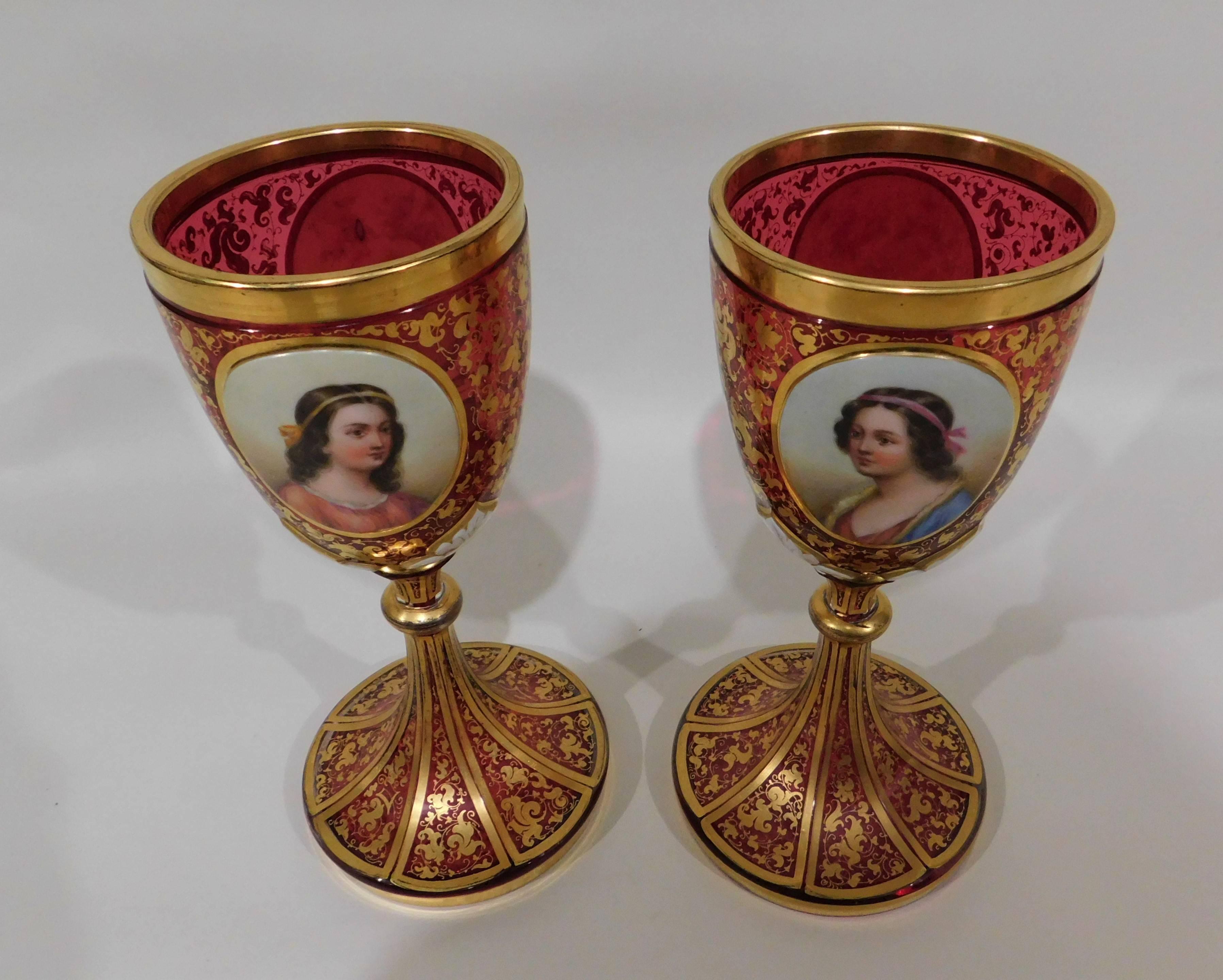 Pair of Gold Gilt Hand-Painted Bohemian Glass Enameled Goblets For Sale 6