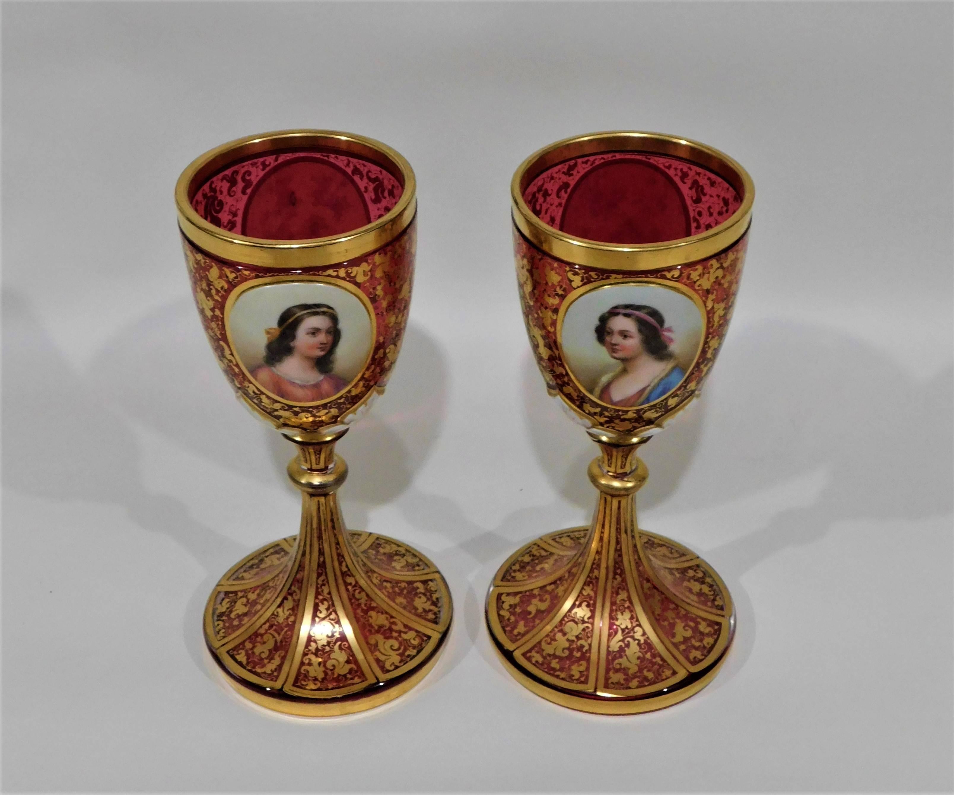 Austrian Pair of Gold Gilt Hand-Painted Bohemian Glass Enameled Goblets For Sale