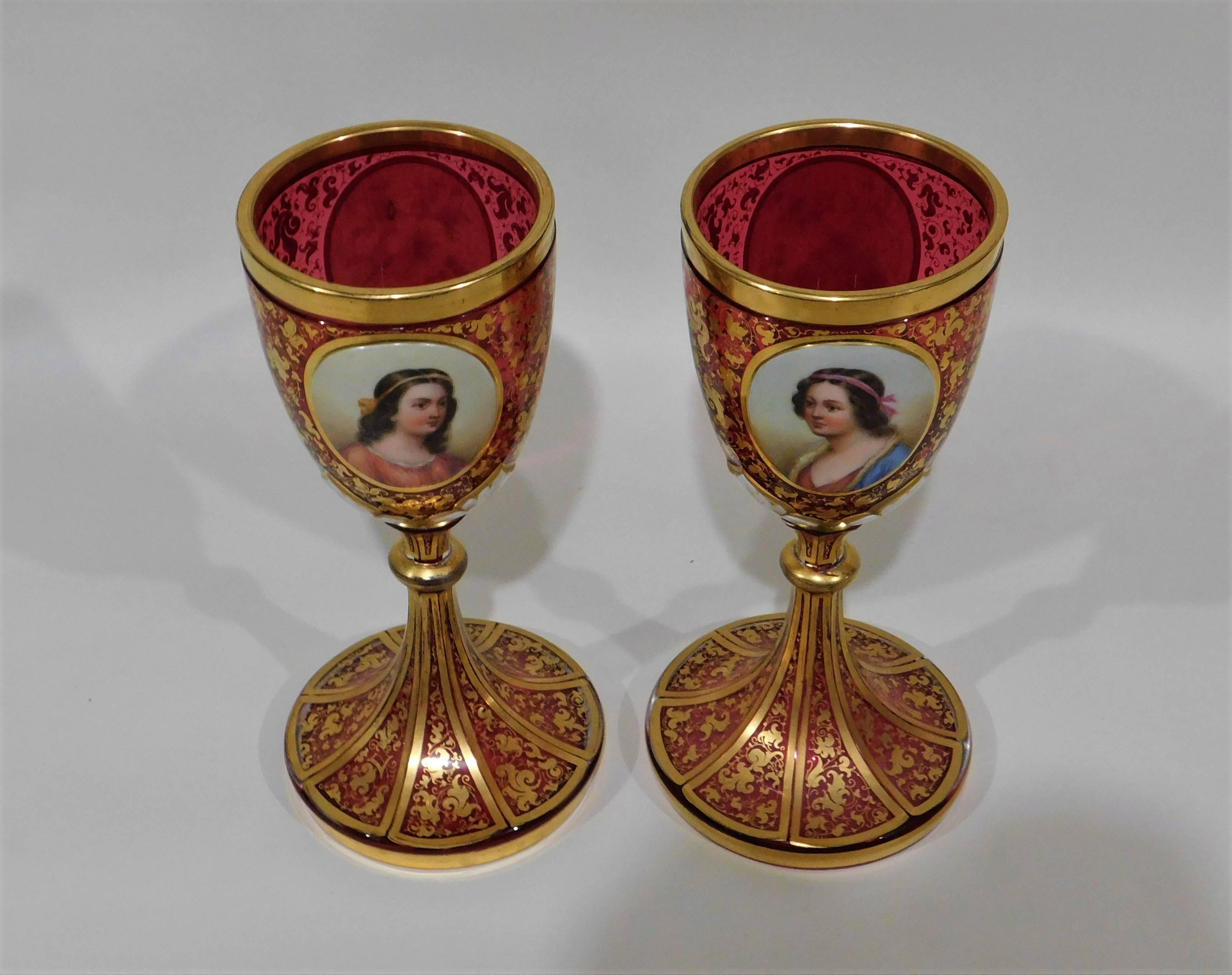 Pair of Gold Gilt Hand-Painted Bohemian Glass Enameled Goblets In Excellent Condition For Sale In Hamilton, Ontario