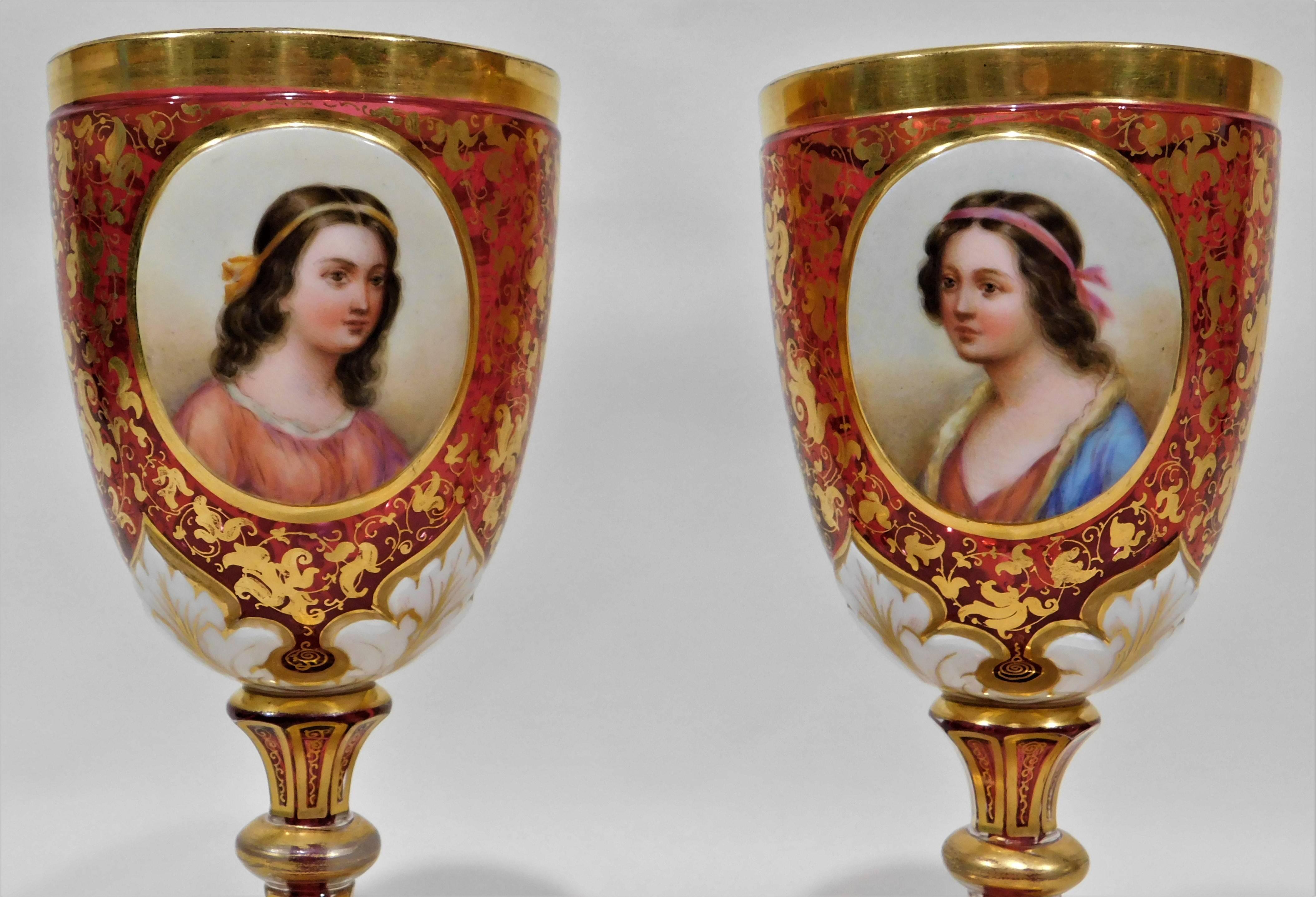 19th Century Pair of Gold Gilt Hand-Painted Bohemian Glass Enameled Goblets For Sale