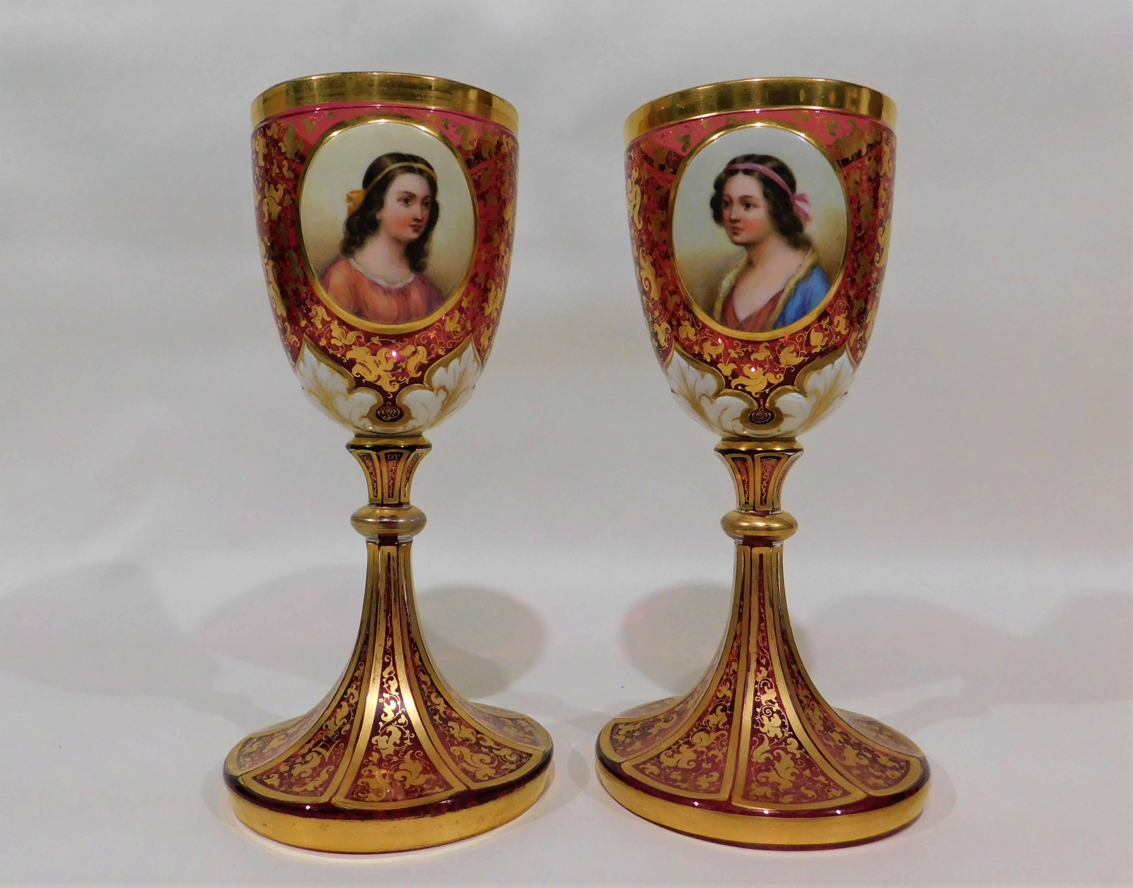 Pair of Gold Gilt Hand-Painted Bohemian Glass Enameled Goblets For Sale 1