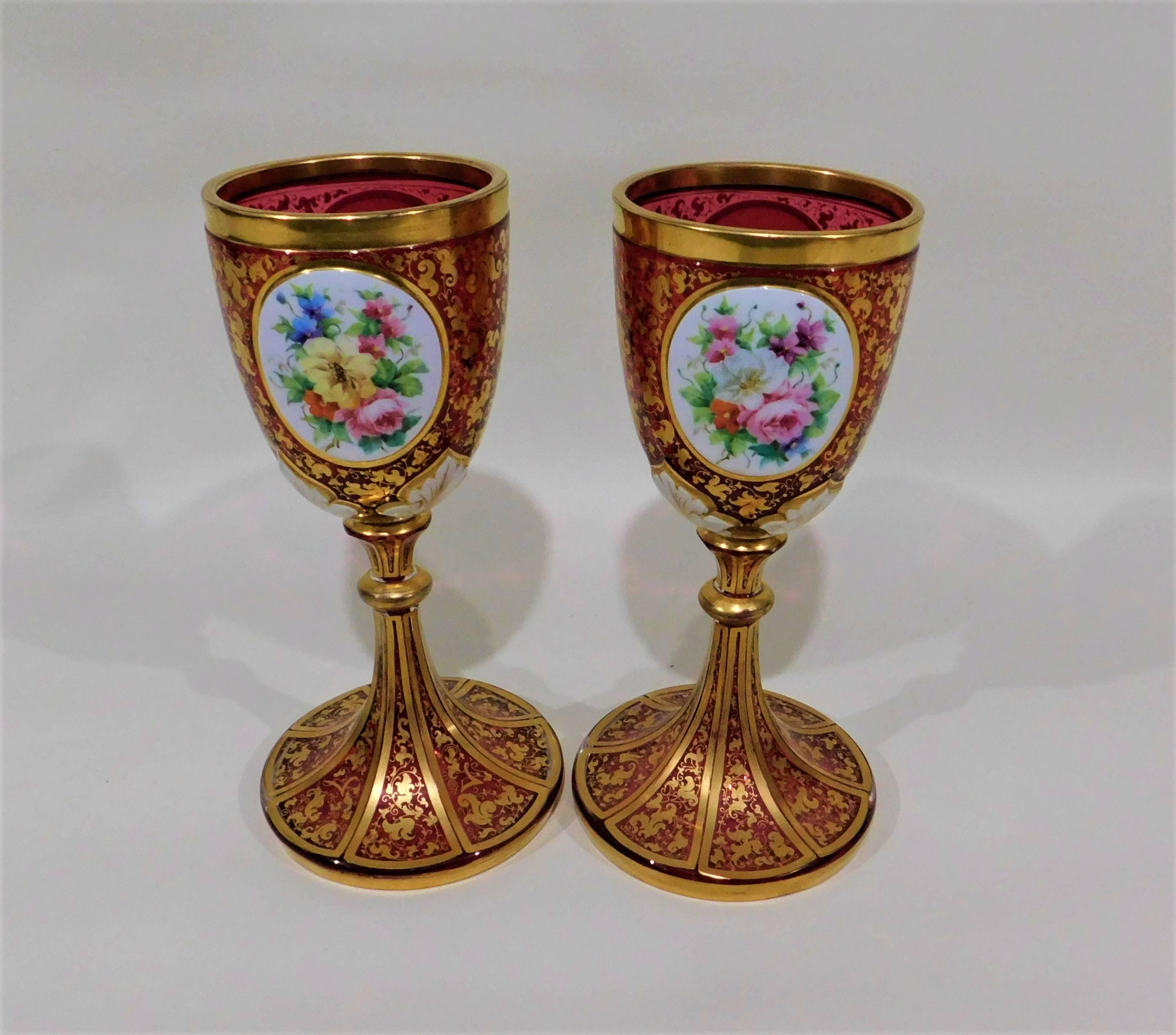 Pair of Gold Gilt Hand-Painted Bohemian Glass Enameled Goblets For Sale 2