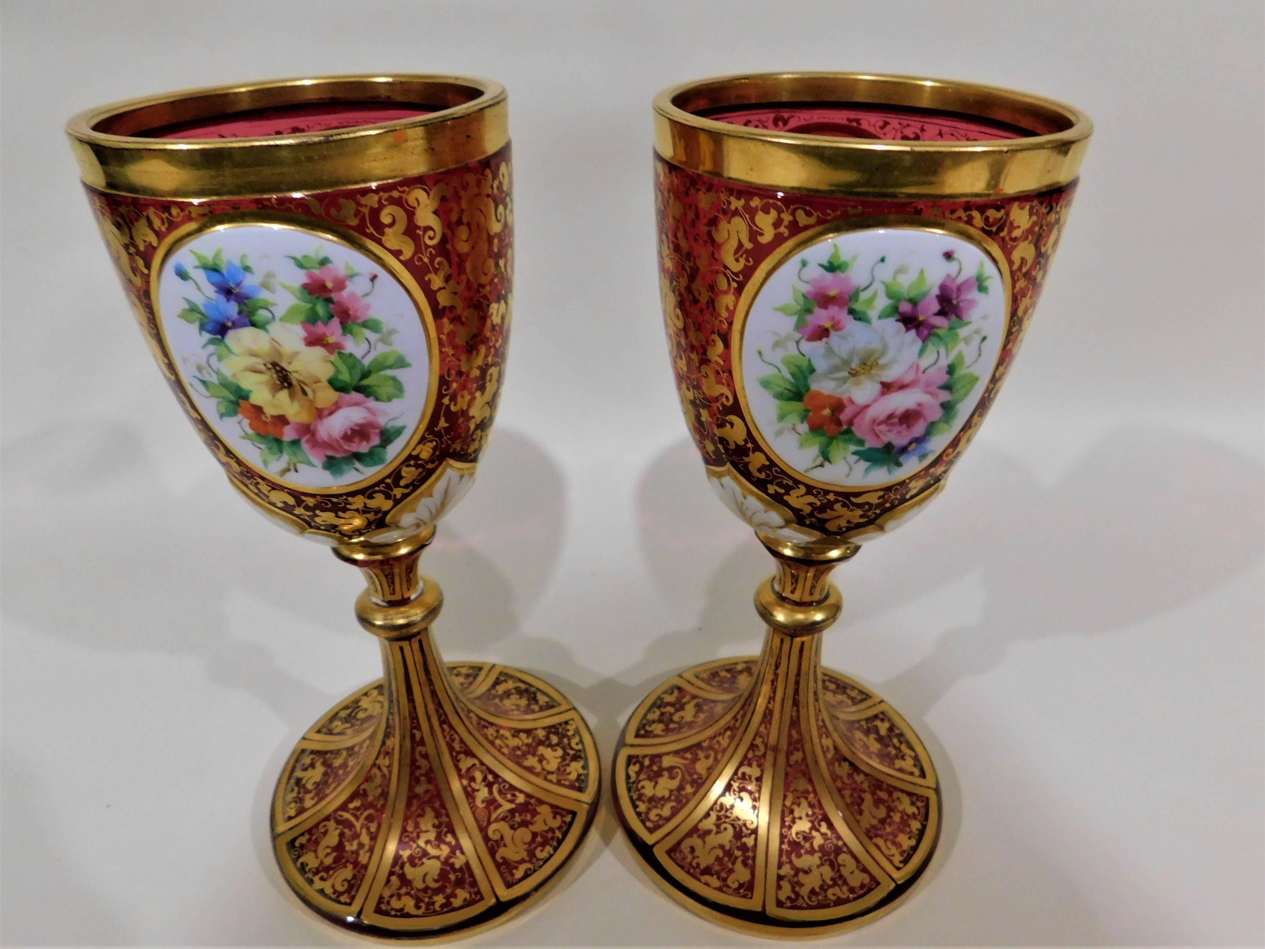 Pair of Gold Gilt Hand-Painted Bohemian Glass Enameled Goblets For Sale 3