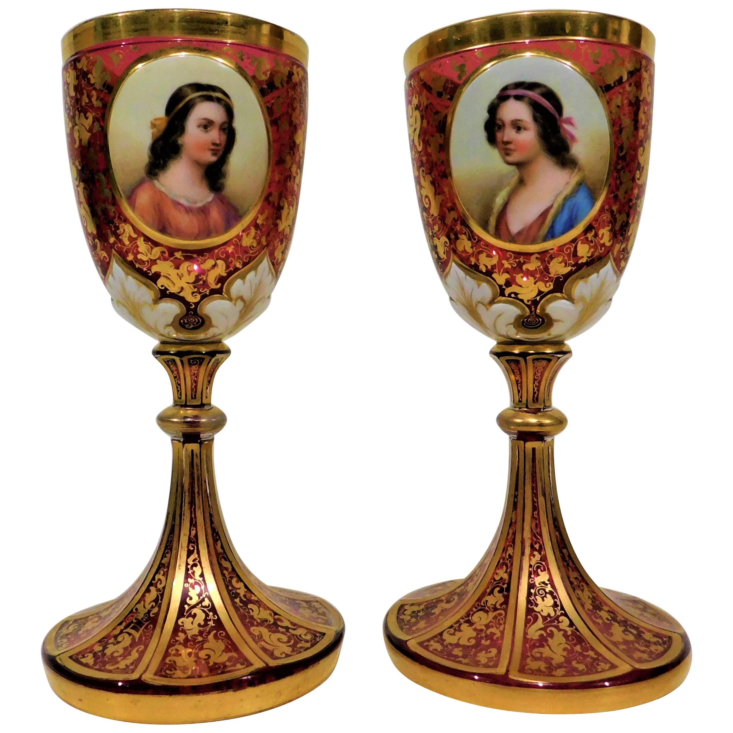 Pair of Gold Gilt Hand-Painted Bohemian Glass Enameled Goblets For Sale
