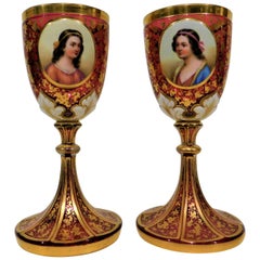 Antique Pair of Gold Gilt Hand-Painted Bohemian Glass Enameled Goblets