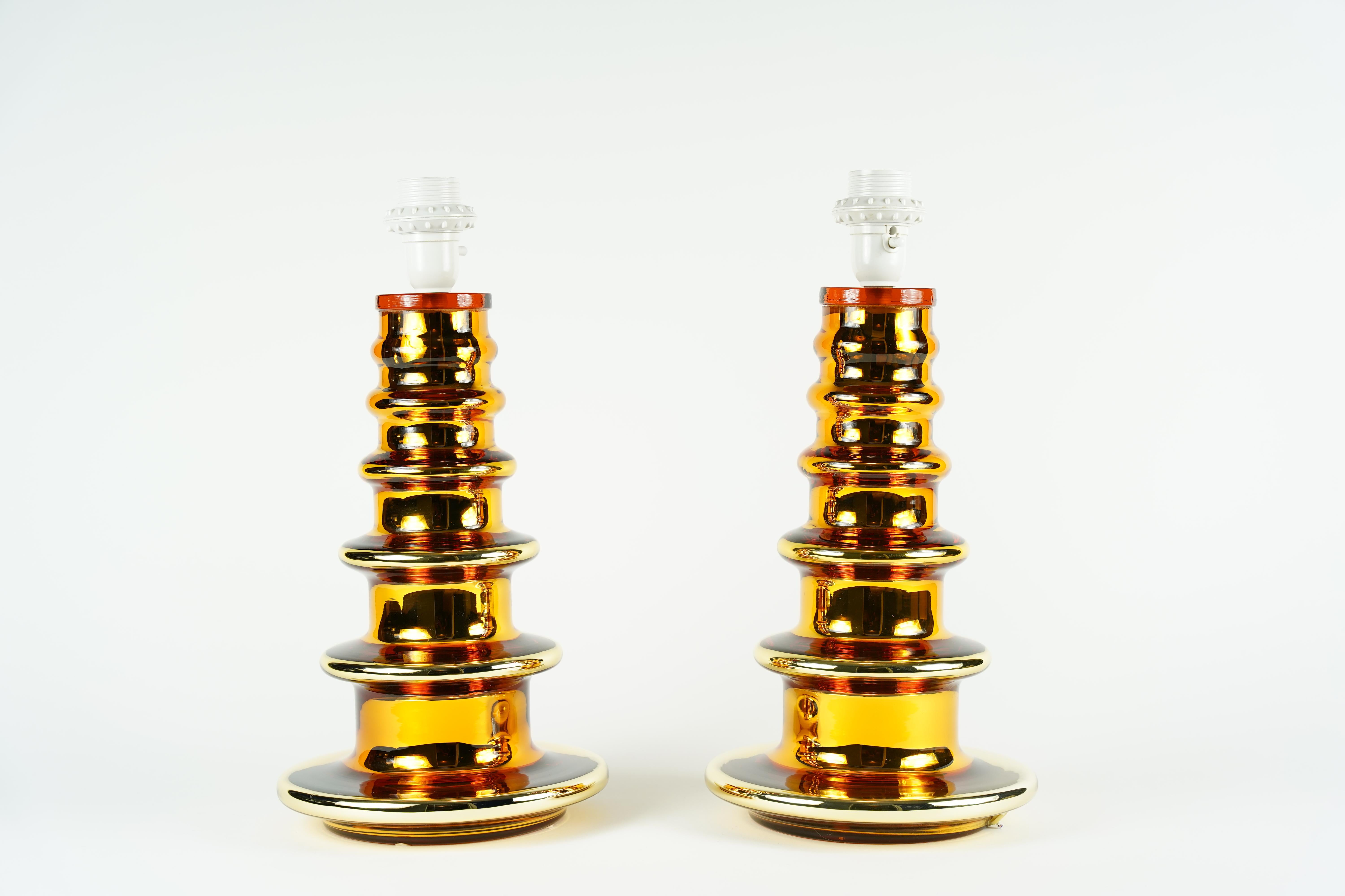 Mid-Century Modern Pair of Gold Glass Lamps by Flygsfors, Sweden, 1970 For Sale