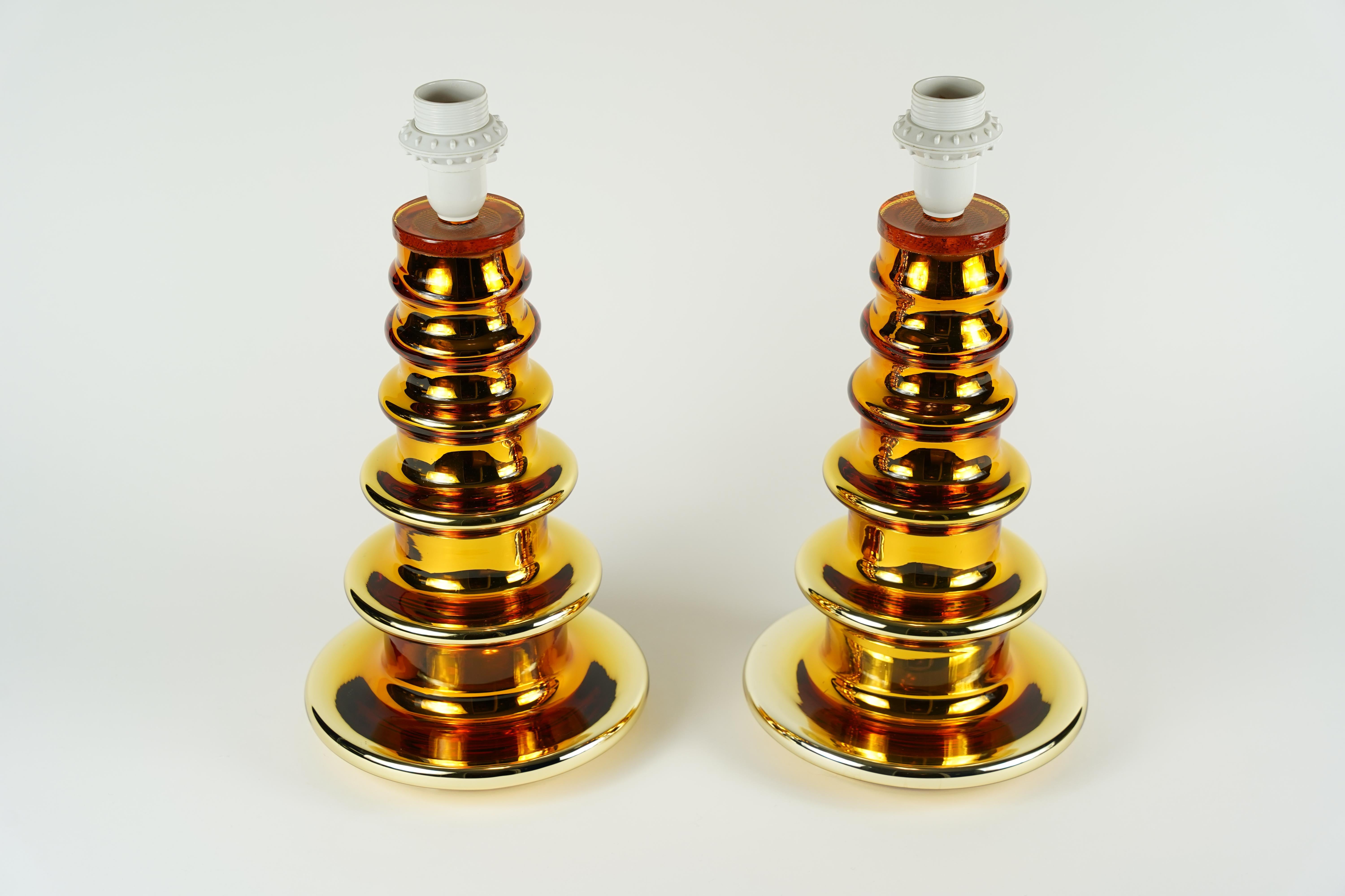 Swedish Pair of Gold Glass Lamps by Flygsfors, Sweden, 1970 For Sale