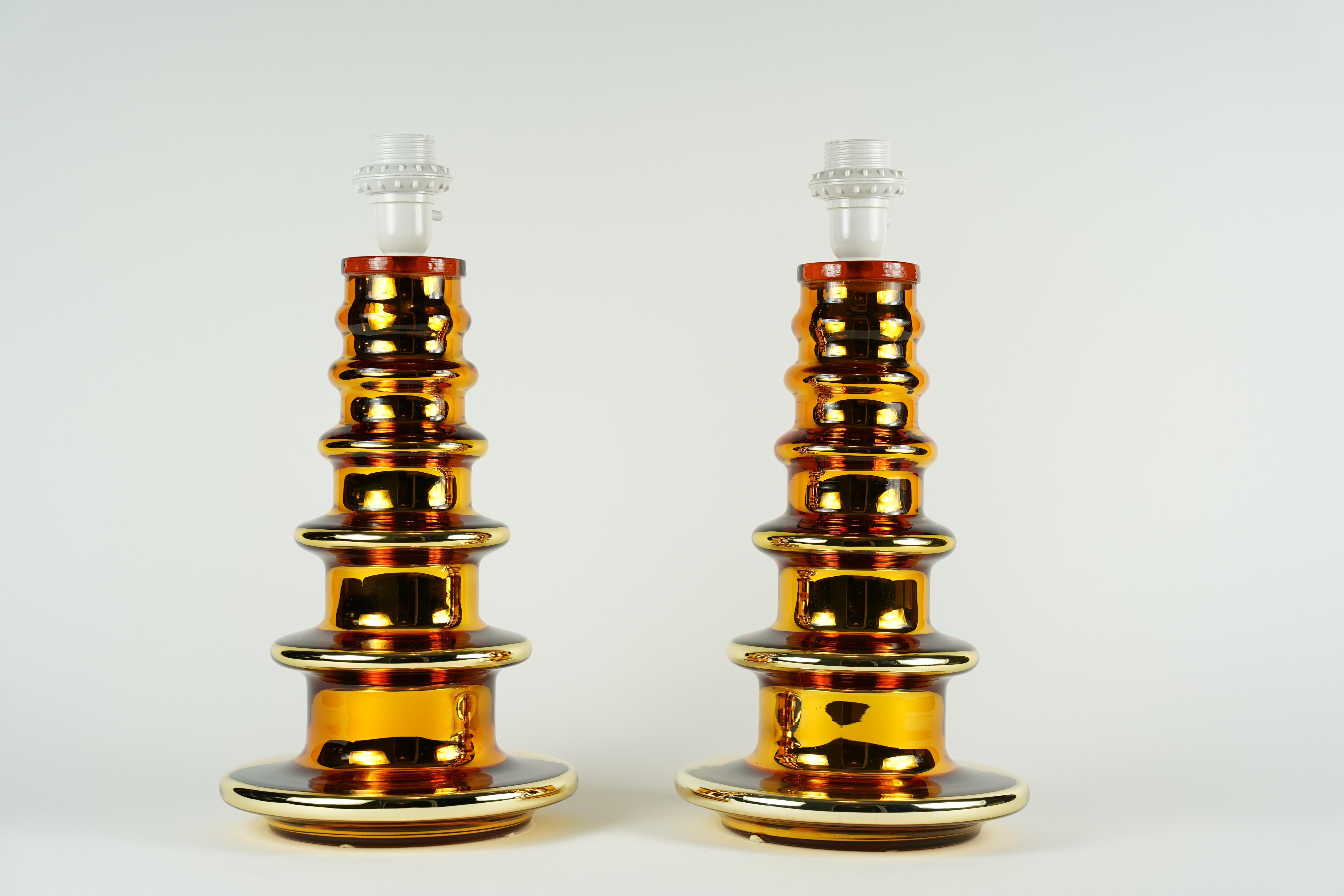 Cast Pair of Gold Glass Lamps by Flygsfors, Sweden, 1970 For Sale