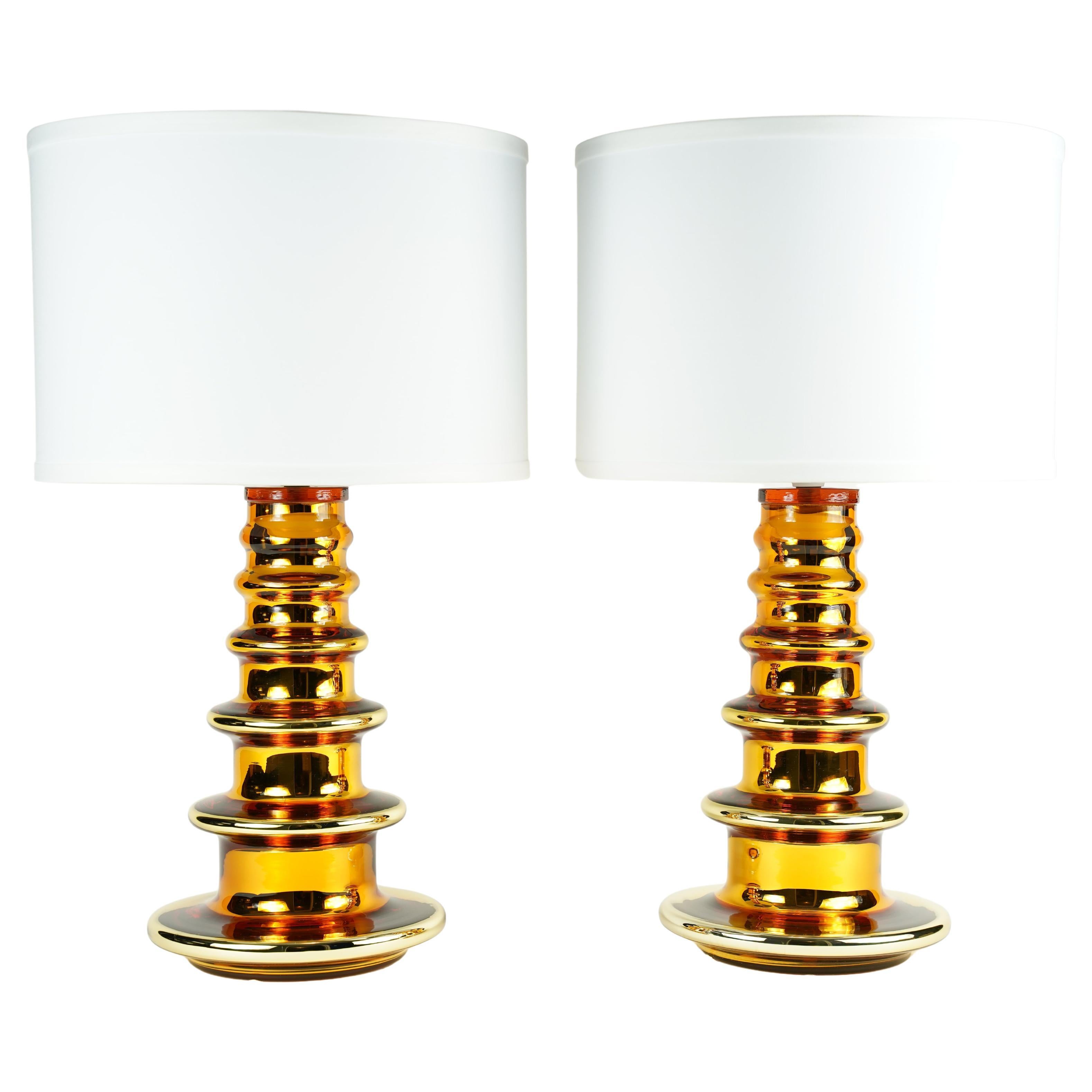 Pair of Gold Glass Lamps by Flygsfors, Sweden, 1970