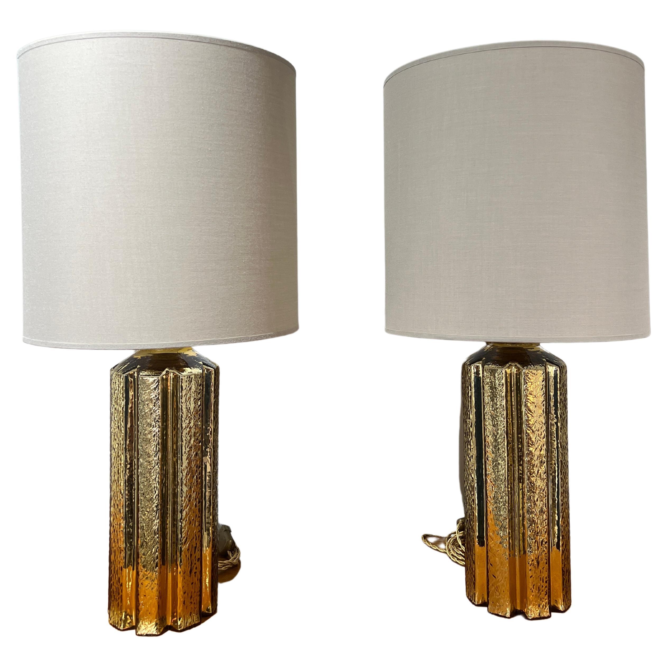 Pair of Gold Glass Tables Lamps Sweden circa 1970 Orrefors 
