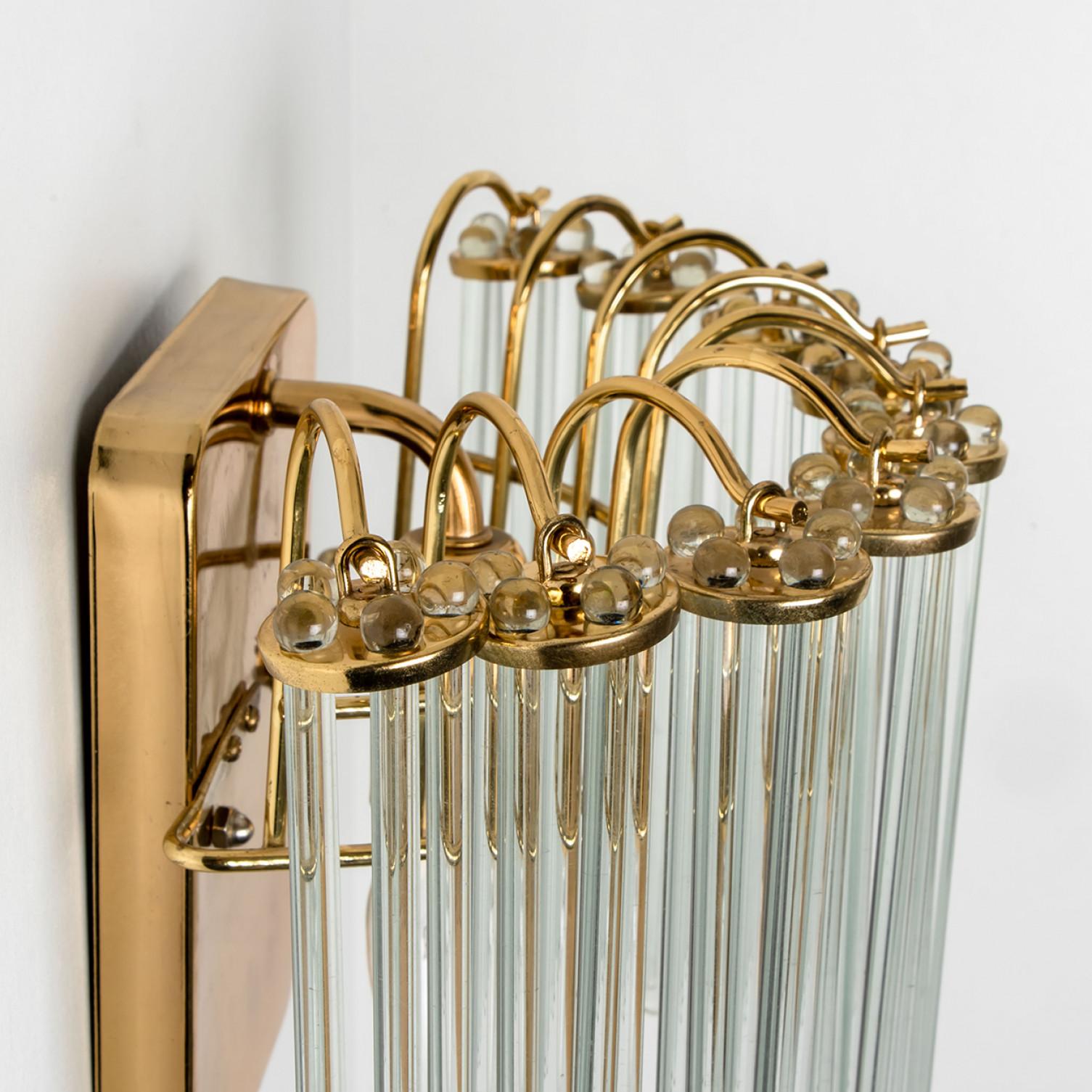 Other Pair of Gold Hanging Rod Glass and Brass Wall Sconce in Style of Sciolari, 1960 For Sale