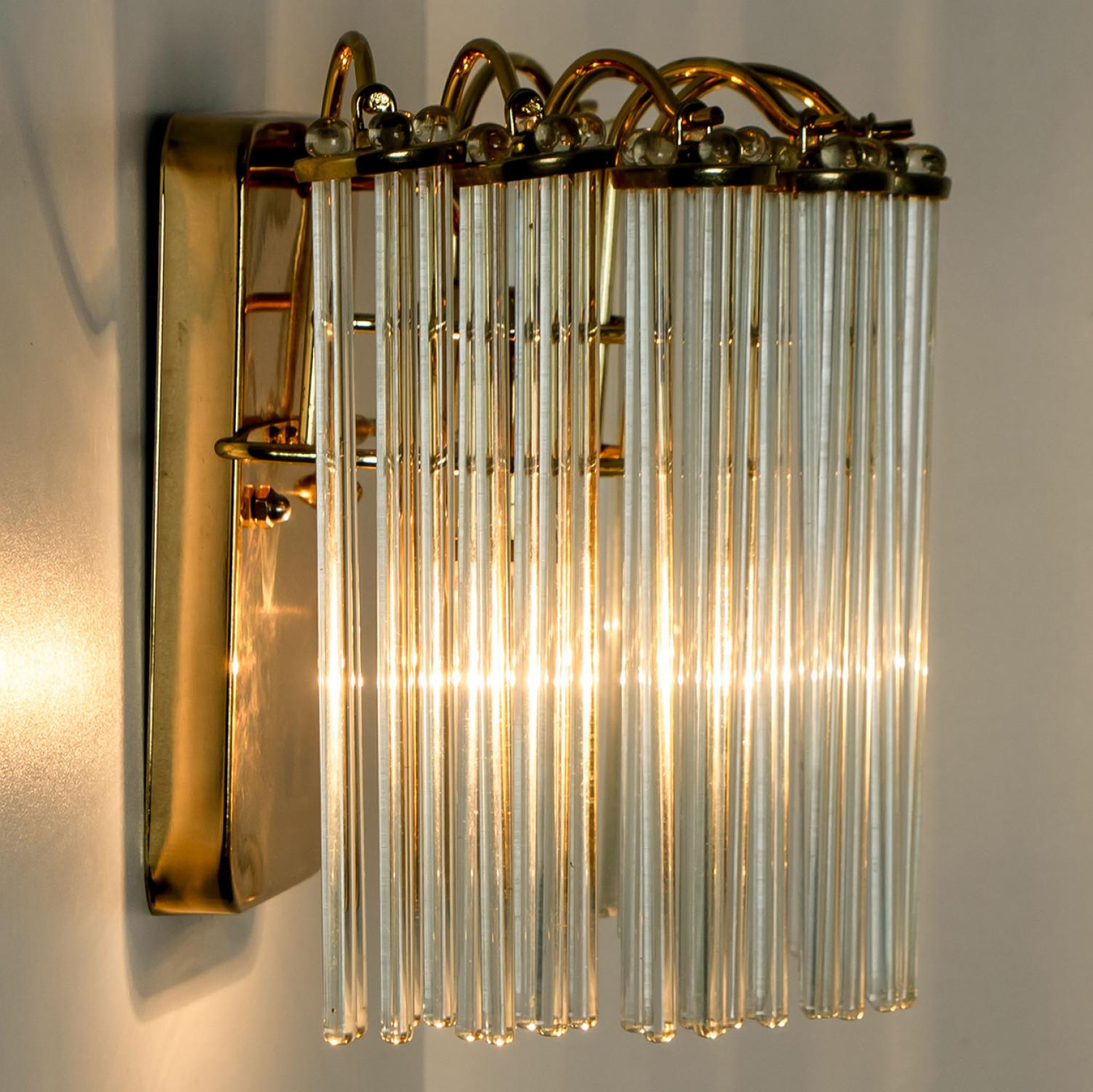 Mid-20th Century Pair of Gold Hanging Rod Glass and Brass Wall Sconce in Style of Sciolari, 1960 For Sale
