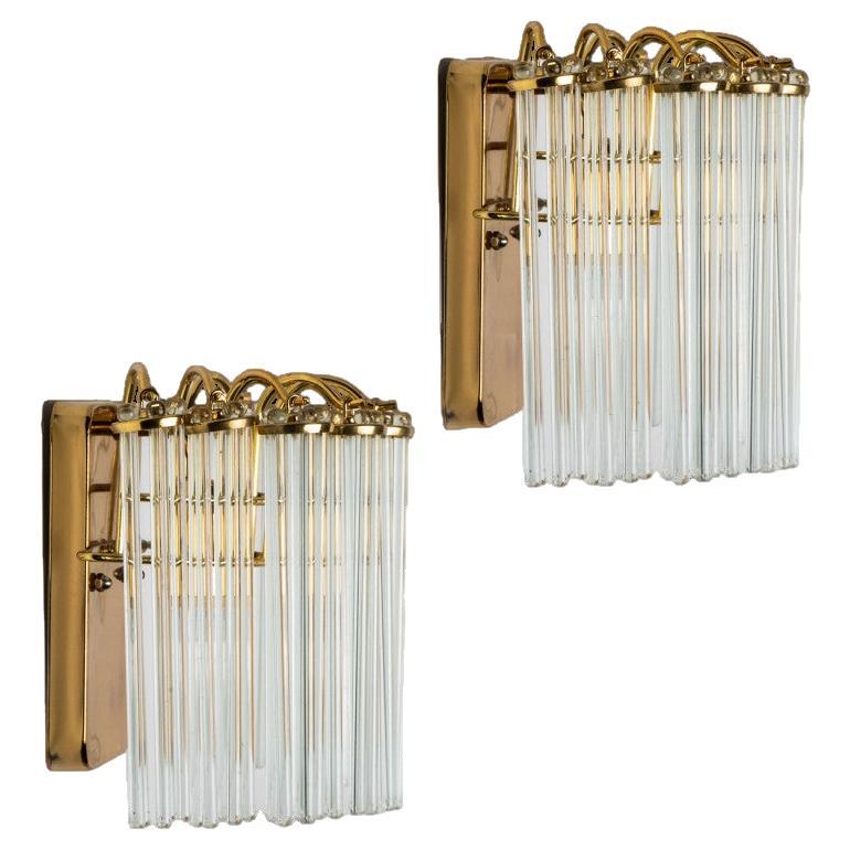 Pair of Gold Hanging Rod Glass and Brass Wall Sconce in Style of Sciolari, 1960 For Sale