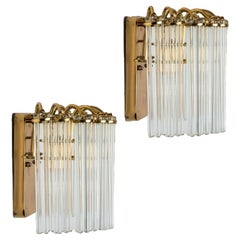 Vintage Pair of Gold Hanging Rod Glass and Brass Wall Sconce in Style of Sciolari, 1960