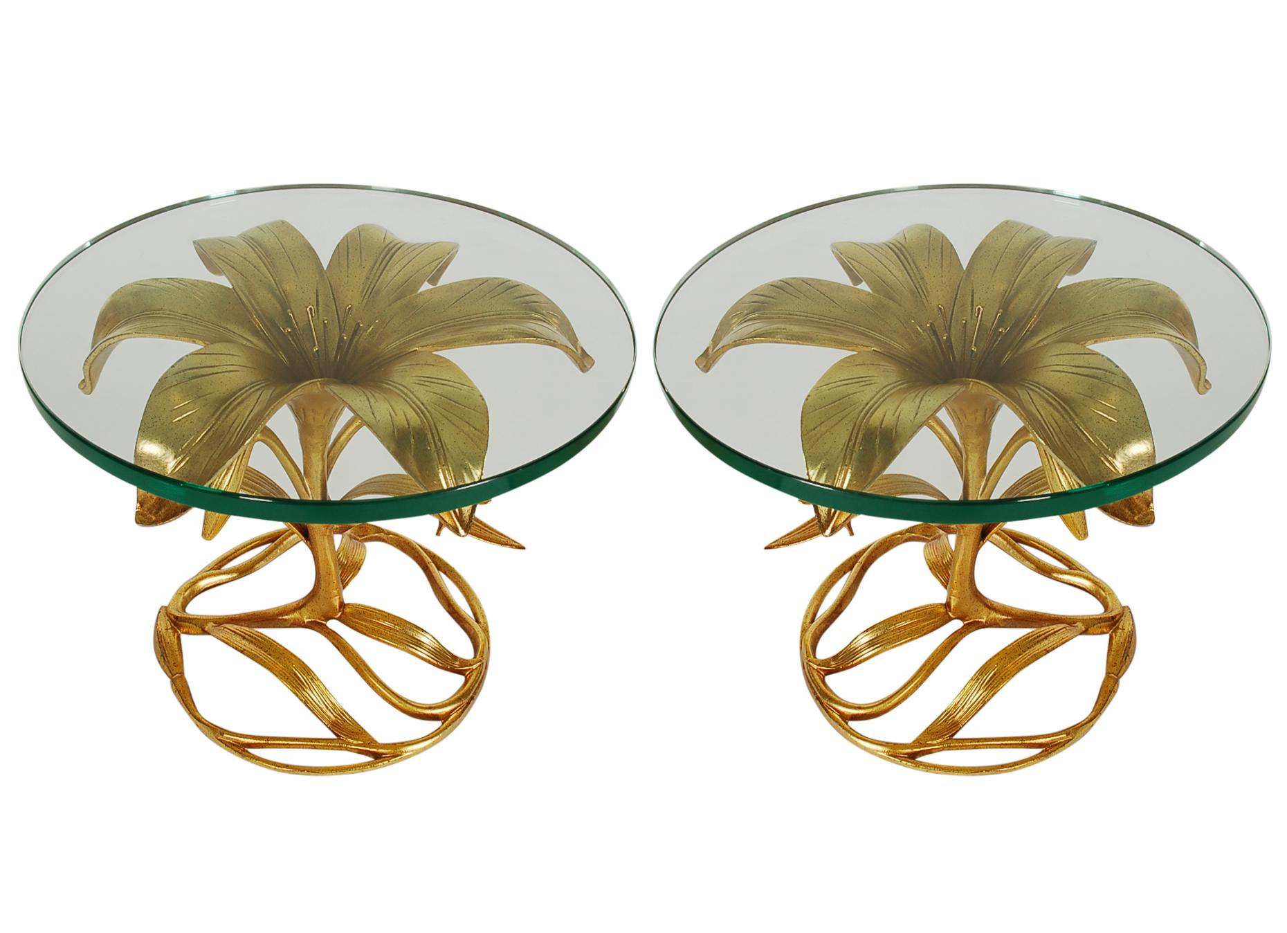 Pair of Gold Hollywood Regency Glass Top Side or End Tables by Arthur Court 4