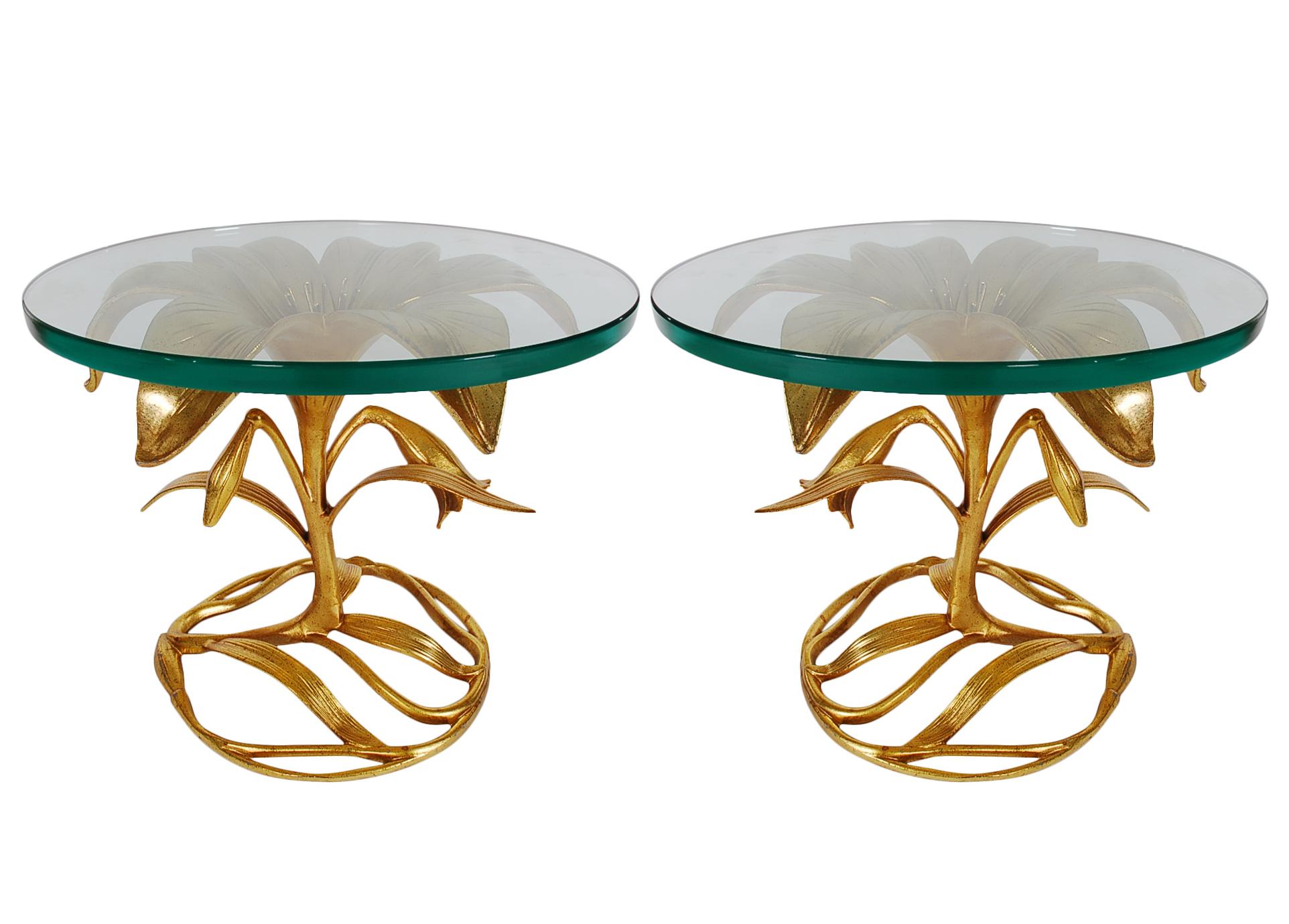Pair of Gold Hollywood Regency Glass Top Side or End Tables by Arthur Court In Good Condition In Philadelphia, PA
