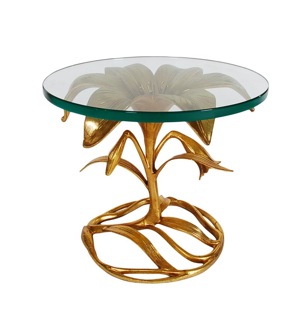 Aluminum Pair of Gold Hollywood Regency Glass Top Side or End Tables by Arthur Court