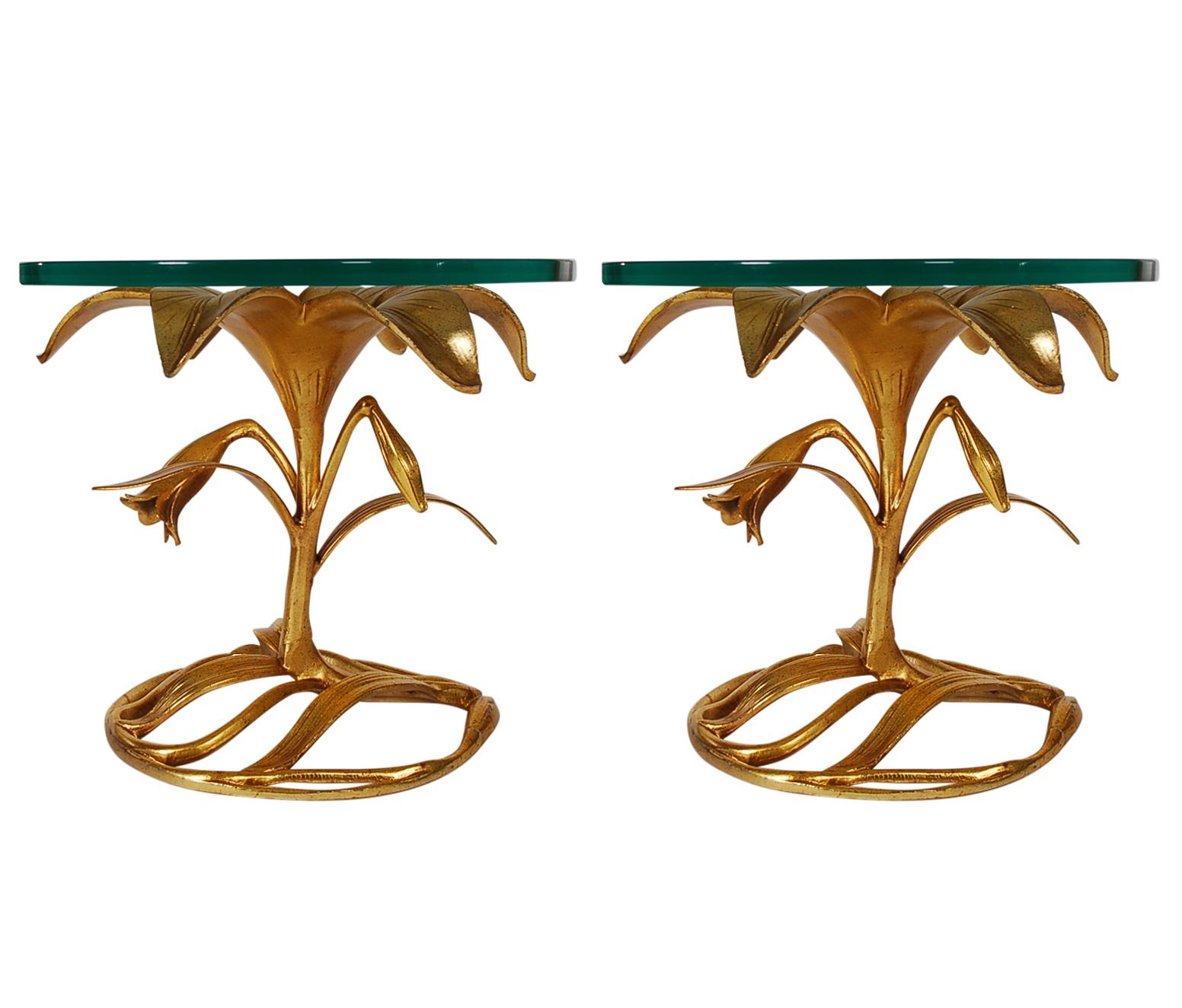 Pair of Gold Hollywood Regency Glass Top Side or End Tables by Arthur Court 1