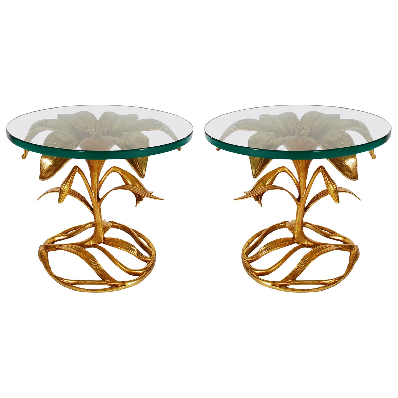 Pair of Gold Hollywood Regency Glass Top Side or End Tables by Arthur Court