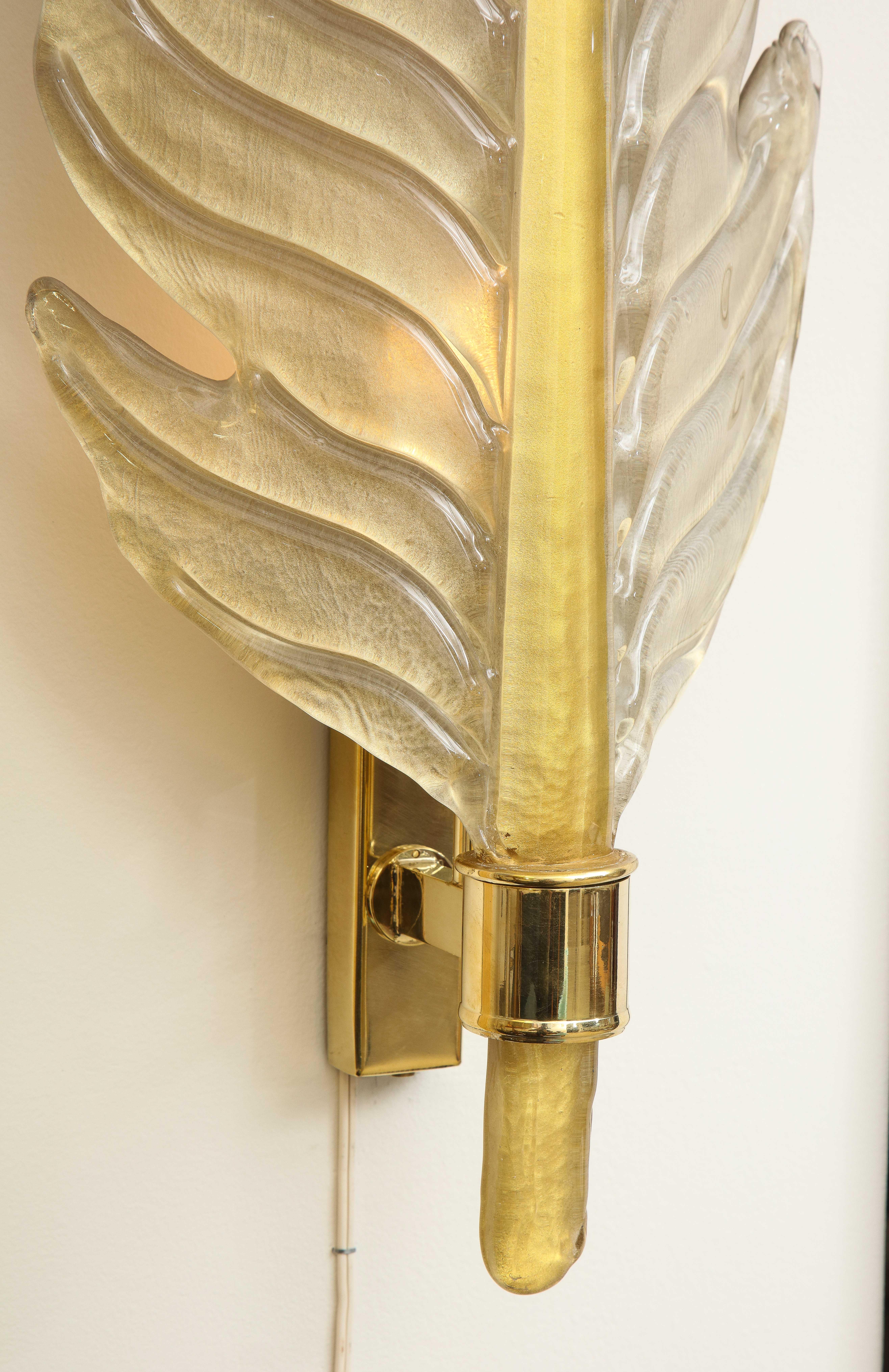 Contemporary Pair of Gold Infused Murano Glass and Brass Leaf Sconces, Italy