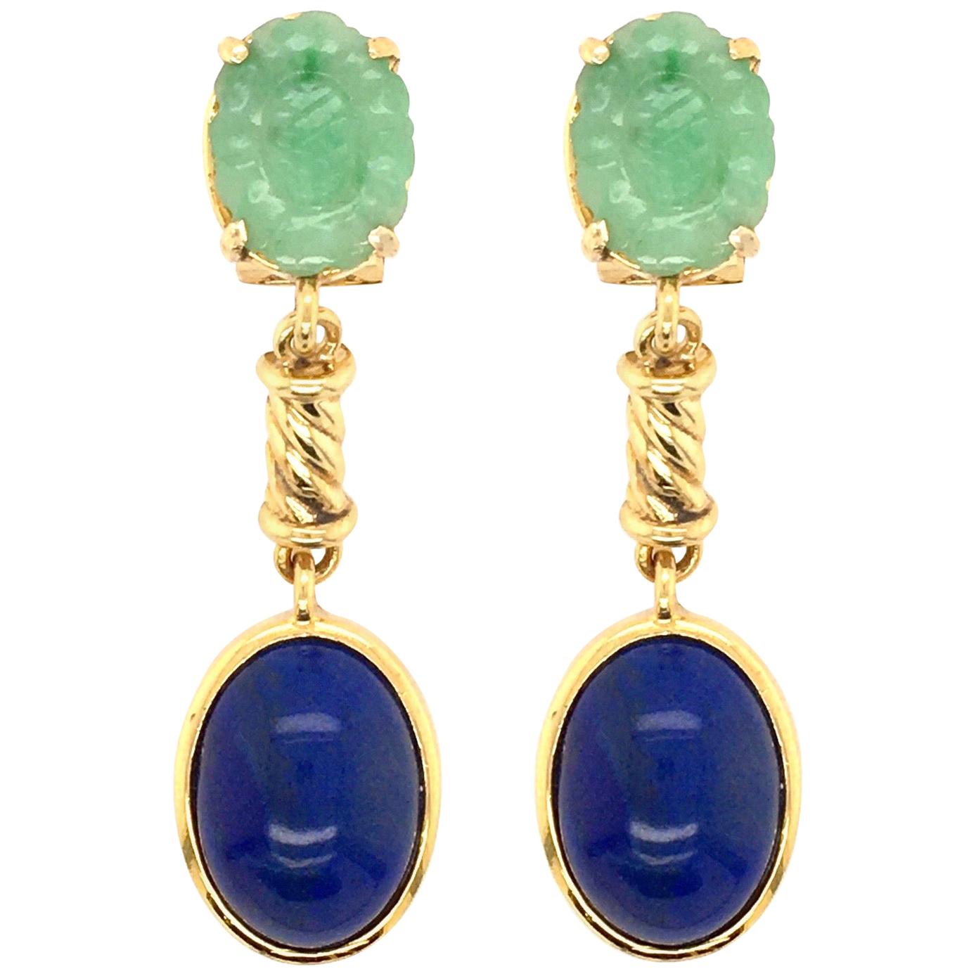 Pair of Gold, Jade and Lapis Lazuli Earrings