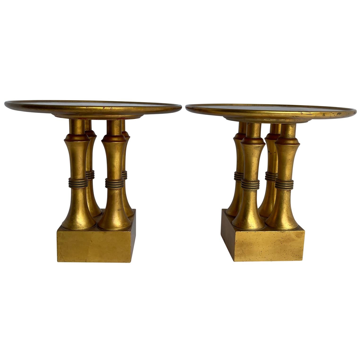 Mid-Century Modern Pair of Gold Leaf and Red Lacquer Side Tables, Hollywood Regency