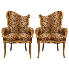 Pair of Gold Leaf Cheetah Print Reupholstered Fireside Chairs