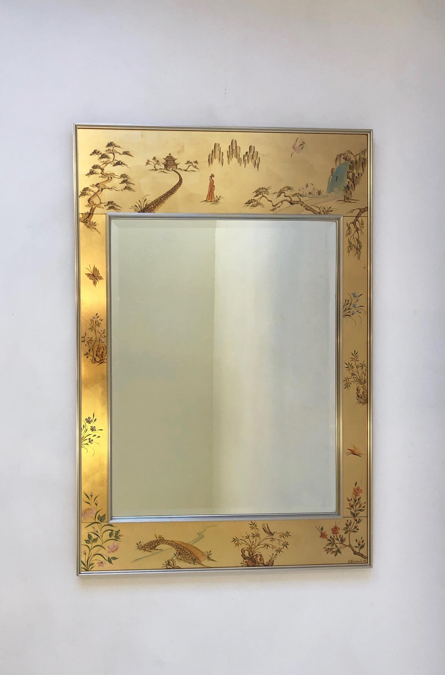 Pair of glamours 1970’s reverse hand painted and gold leaf framed bevel mirrors by La Barge.
Each mirror is hand signed by artist, dated 78 and 79( see detail photos).
Measurements: 42.25” High, 28.5” Wide, 1.75” Deep.