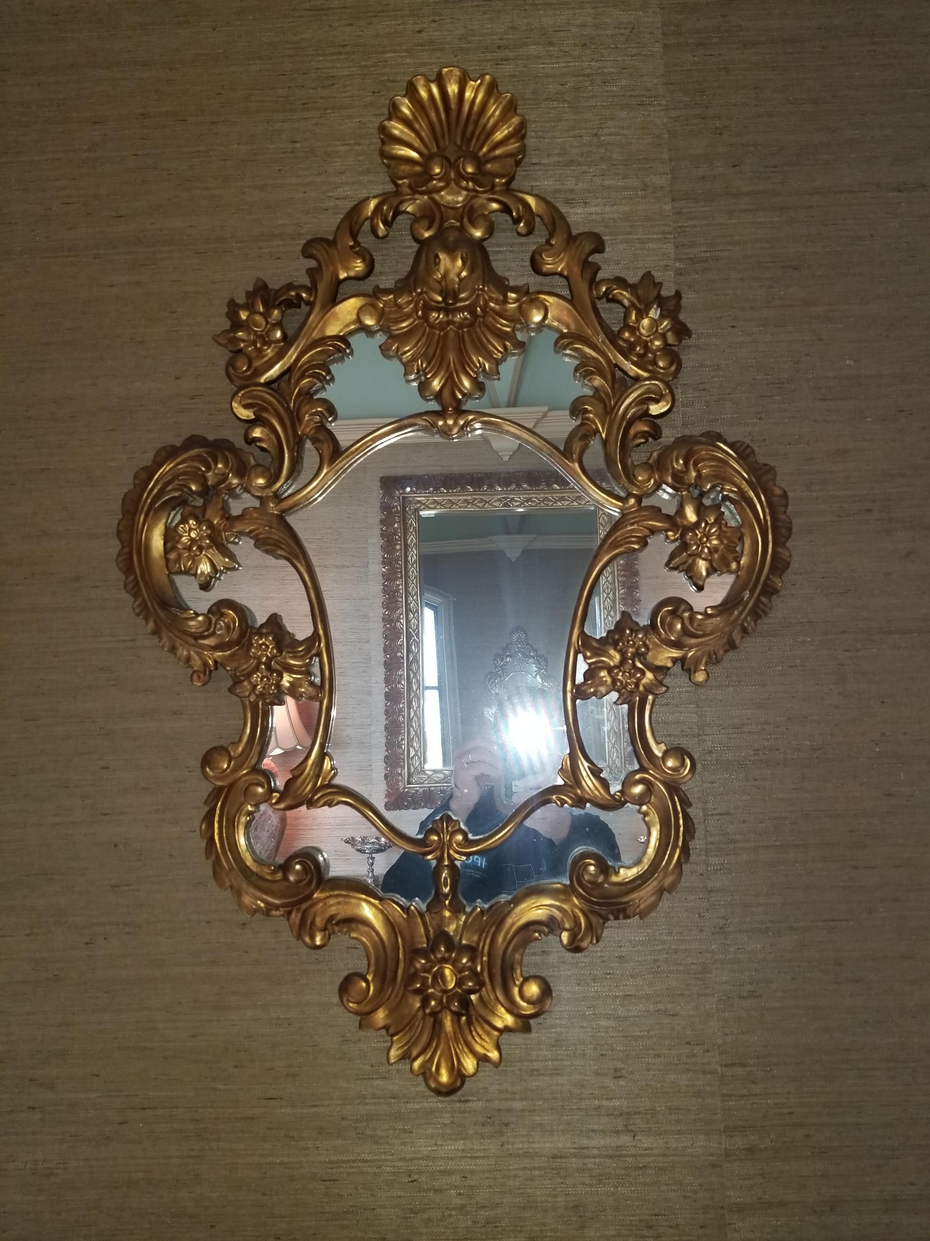 Gold Leaf Pair of Giltwood Mirrors with a Shell Motif at Top, 20th Century