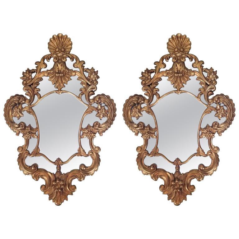 Pair of Giltwood Mirrors with a Shell Motif at Top, 20th Century