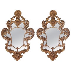 Pair of Giltwood Mirrors with a Shell Motif at Top, 20th Century