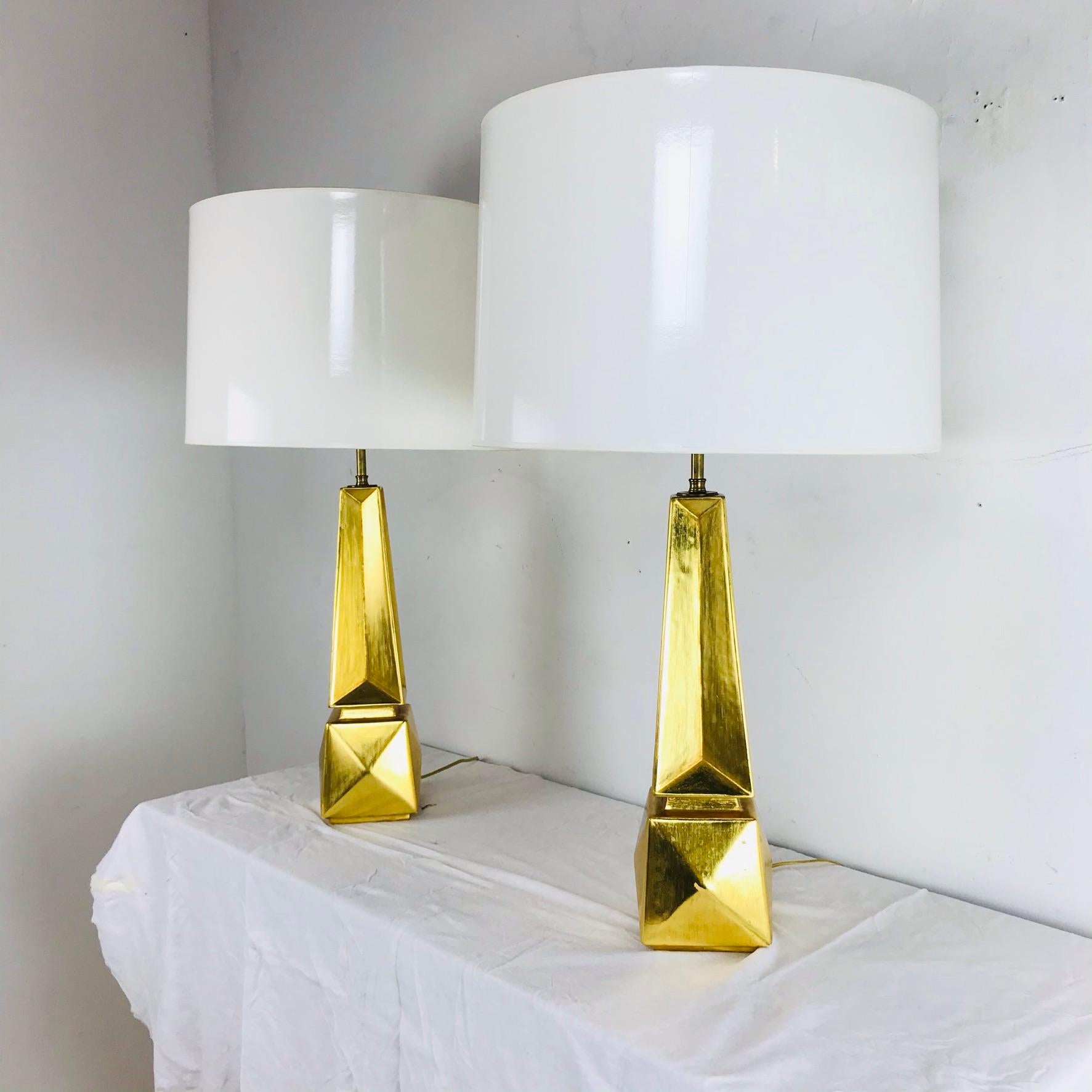 Modern Pair of Gold Leaf Obelisk Table Lamps For Sale
