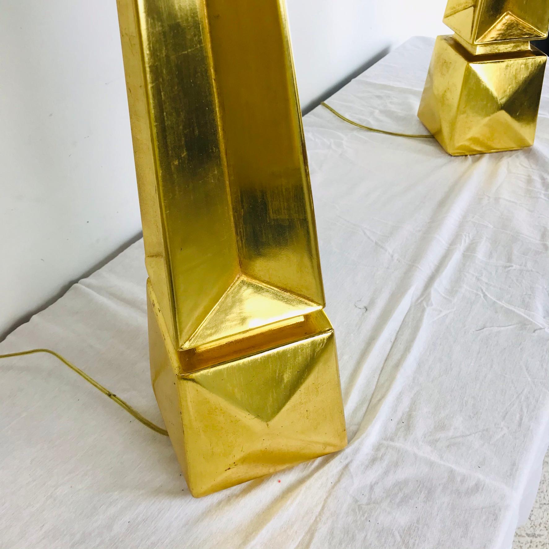 Late 20th Century Pair of Gold Leaf Obelisk Table Lamps For Sale