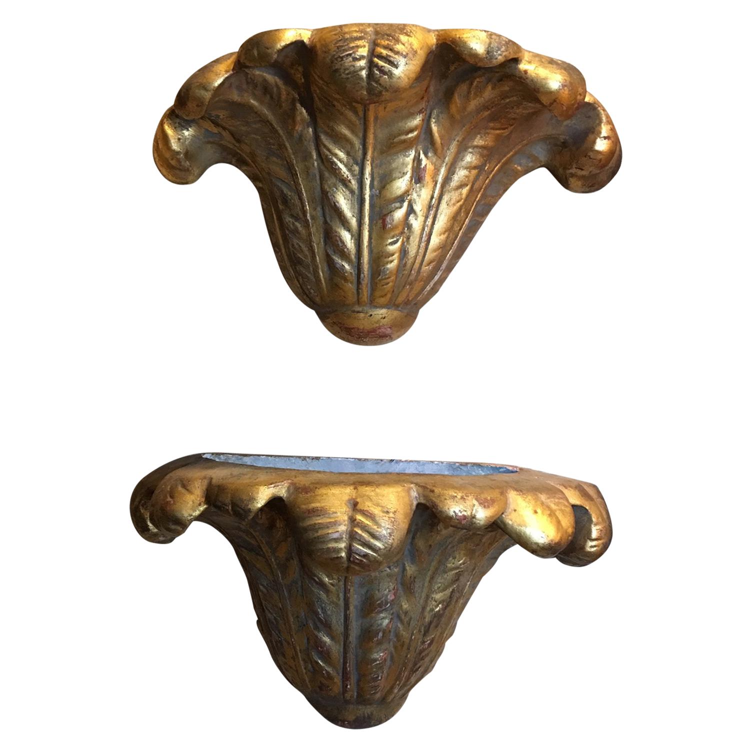 Pair of Gold Leaf Plaster Wall Sconces, Mid-20th Century