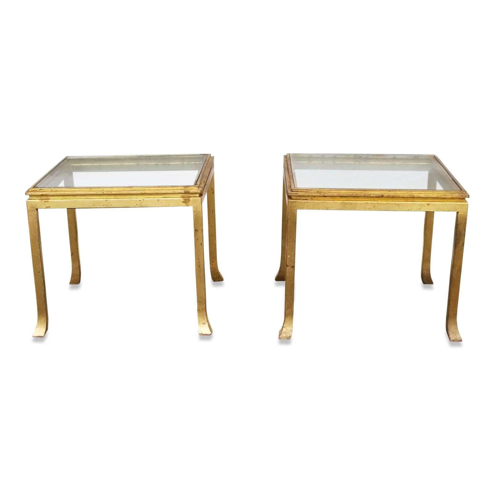 Plated Pair of Gold Leaf Solid Steel End Tables by Maison Ramsay, France, 1970s