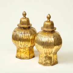 Pair of Gold Luster Ribbed Covered Ginger Jars