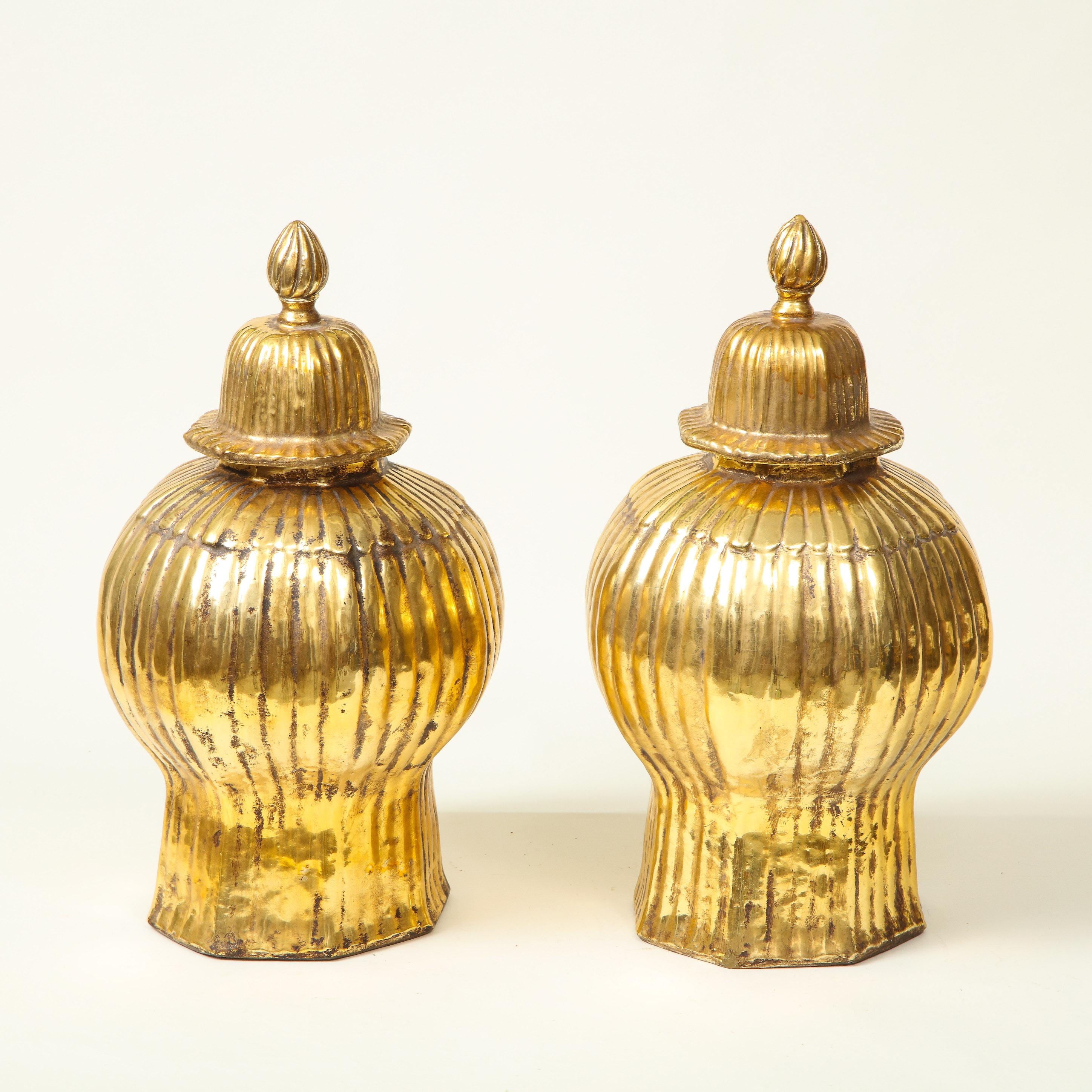 Chinese Export Pair of Gold Luster Ribbed Covered Ginger Jars