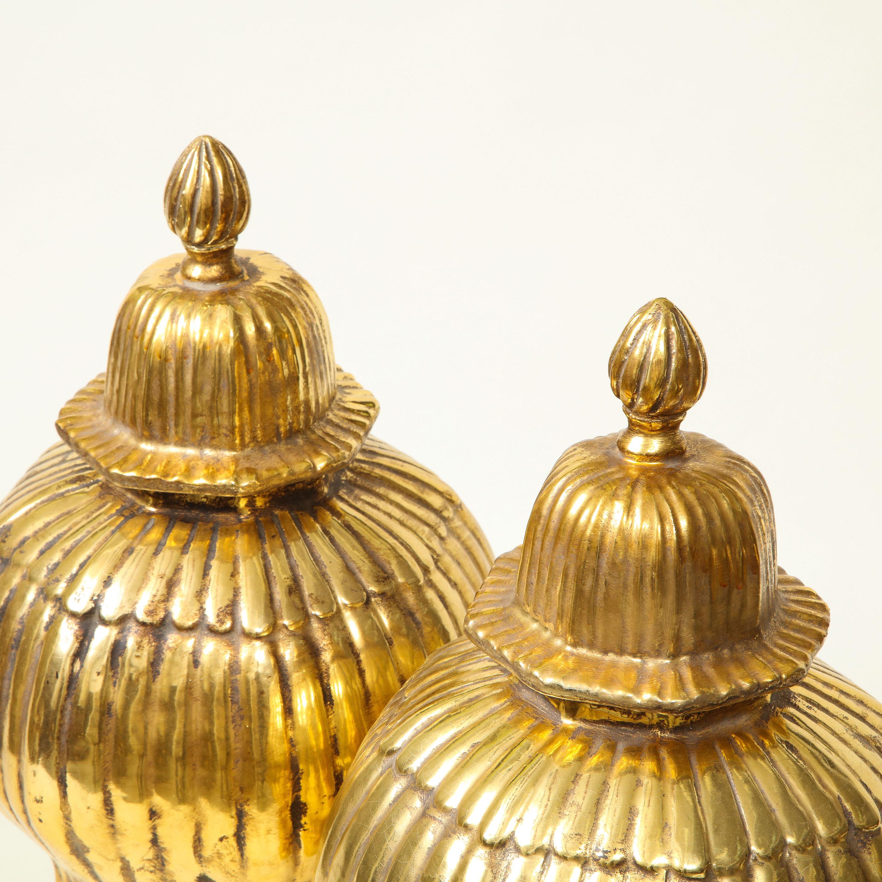 Glazed Pair of Gold Luster Ribbed Covered Ginger Jars