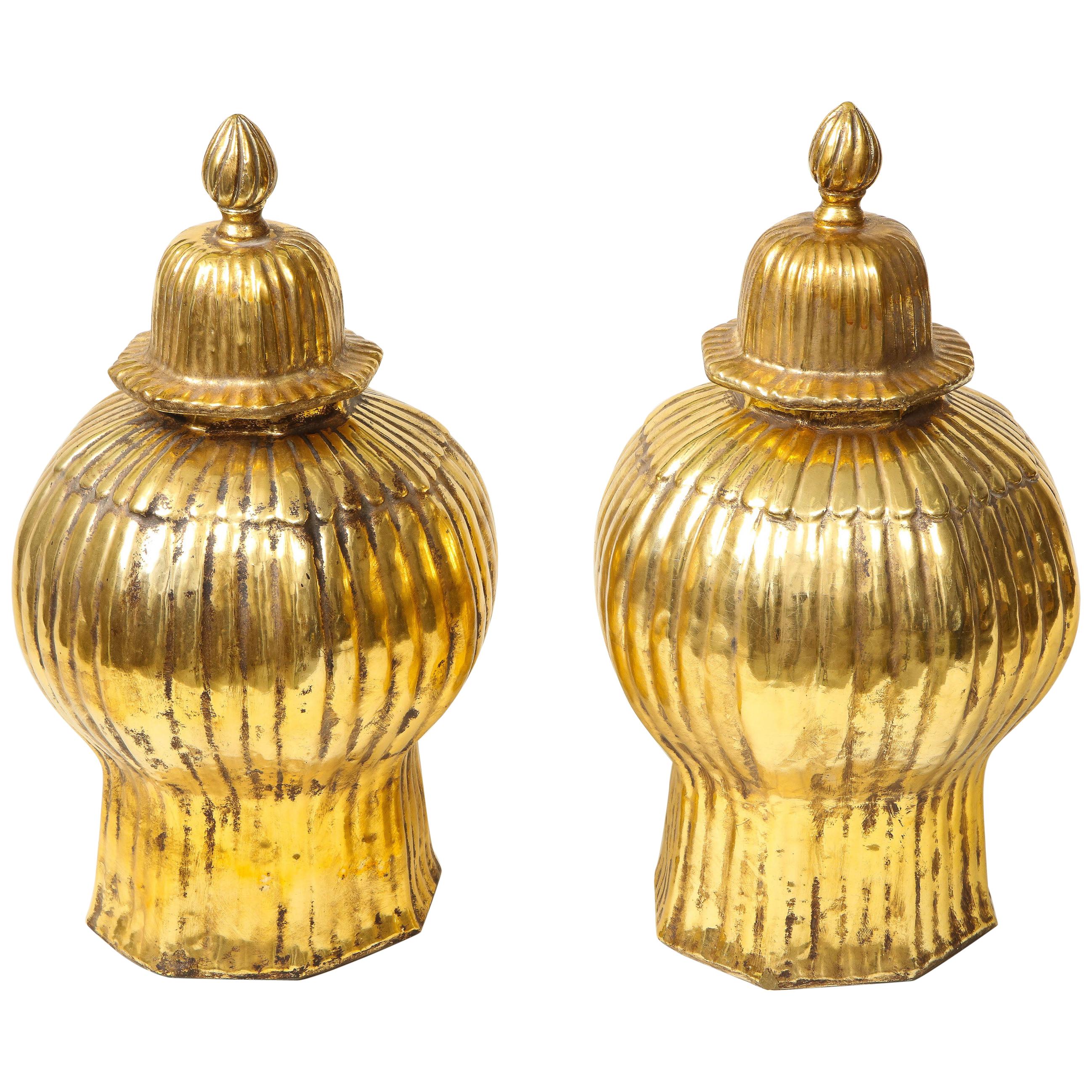 Pair of Gold Luster Ribbed Covered Ginger Jars