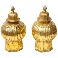 Pair of Gold Luster Ribbed Covered Ginger Jars