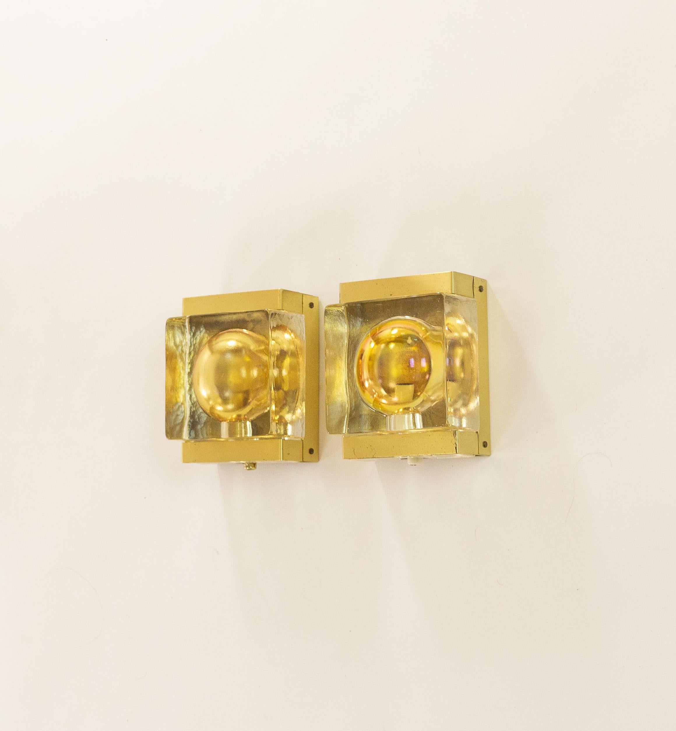 Scandinavian Modern Pair of Gold Maritim Glass and Brass Wall Lamps by Vitrika, 1970s For Sale