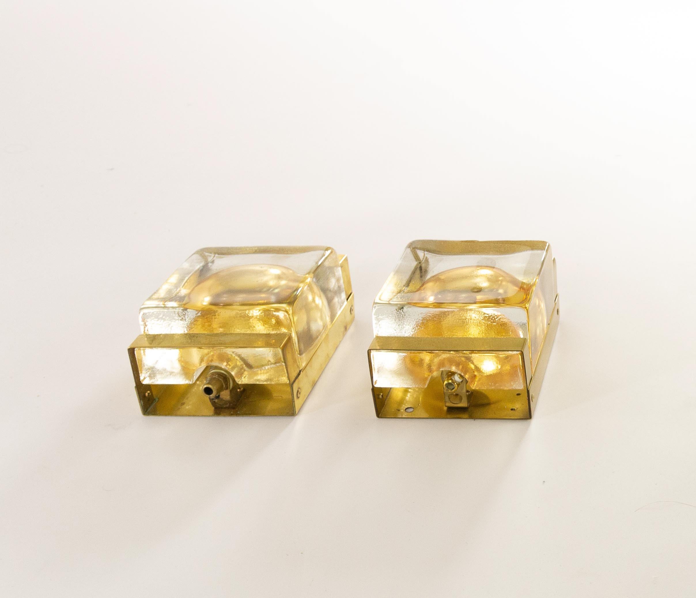 Danish Pair of Gold Maritim Glass and Brass Wall Lamps by Vitrika, 1970s For Sale