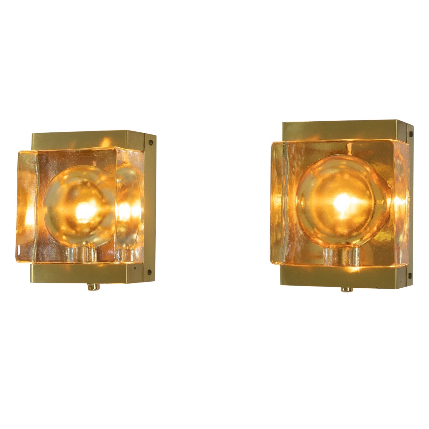Pair of Gold Maritim Glass and Brass Wall Lamps by Vitrika, 1970s