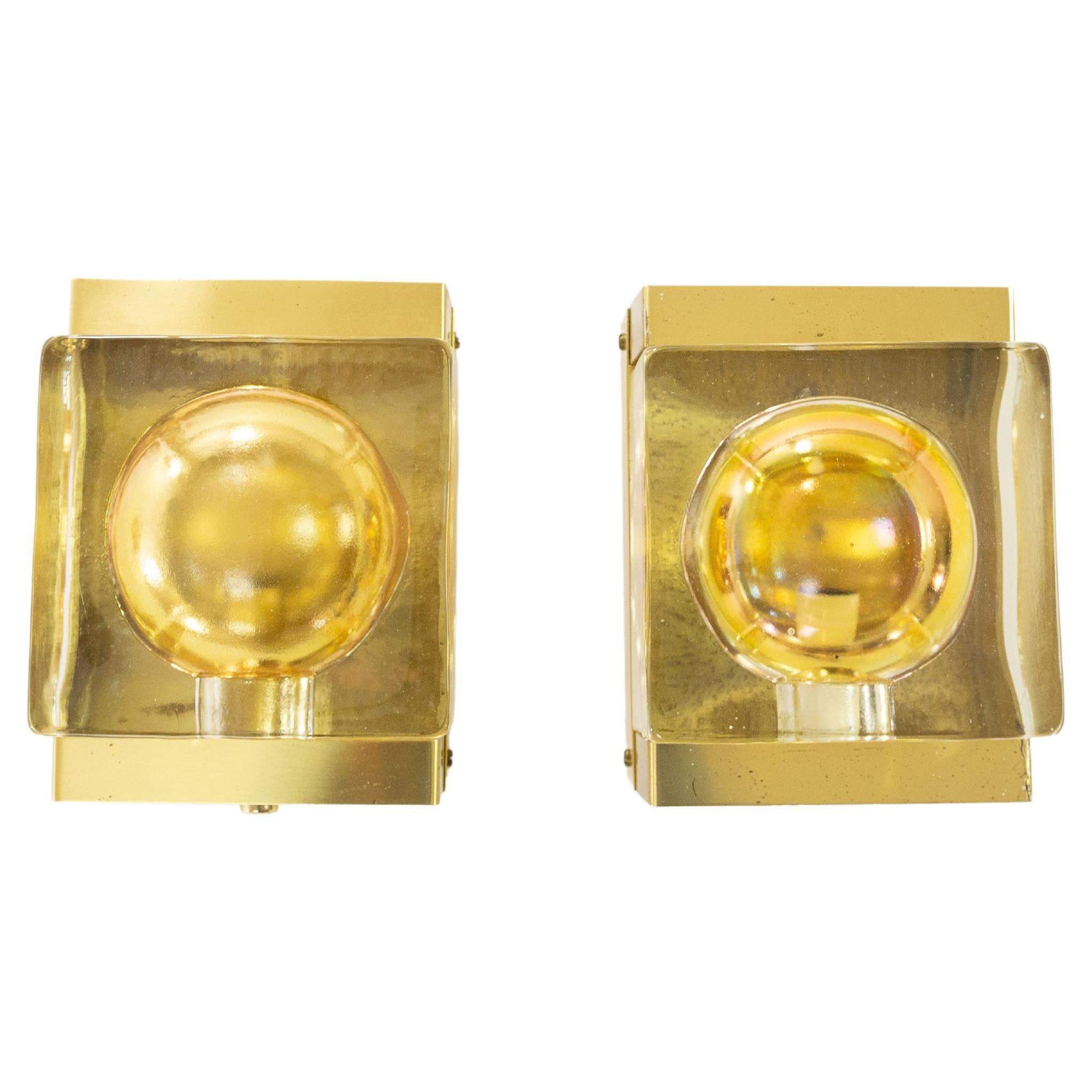 Pair of Gold Maritim Glass and Brass Wall Lamps by Vitrika, 1970s For Sale