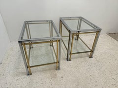 Pair of Gold Metal and Chrome Side Tables with Glass Top