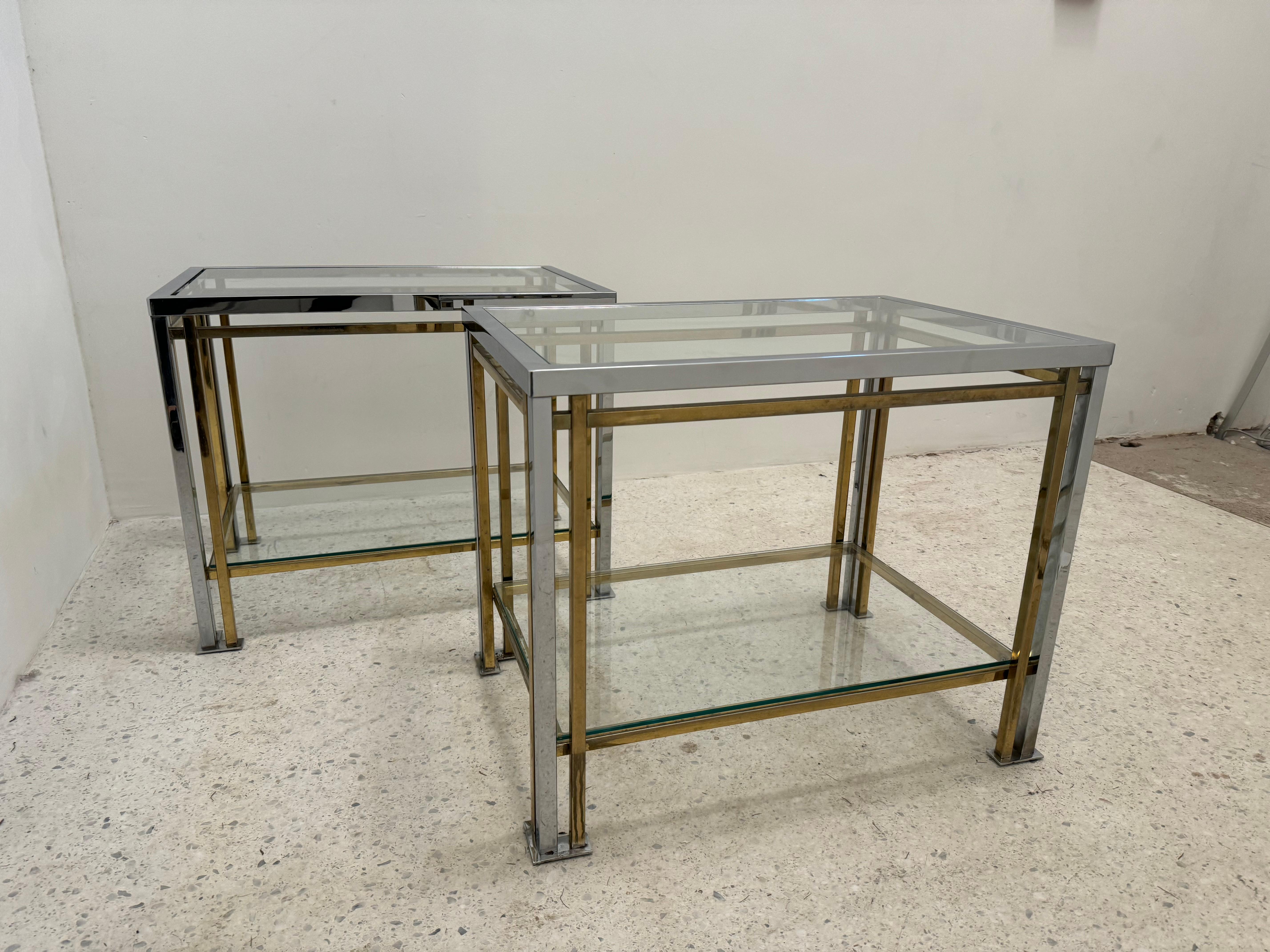 Pair of Gold Metal and Chrome Side Tables with Glass Top For Sale 2