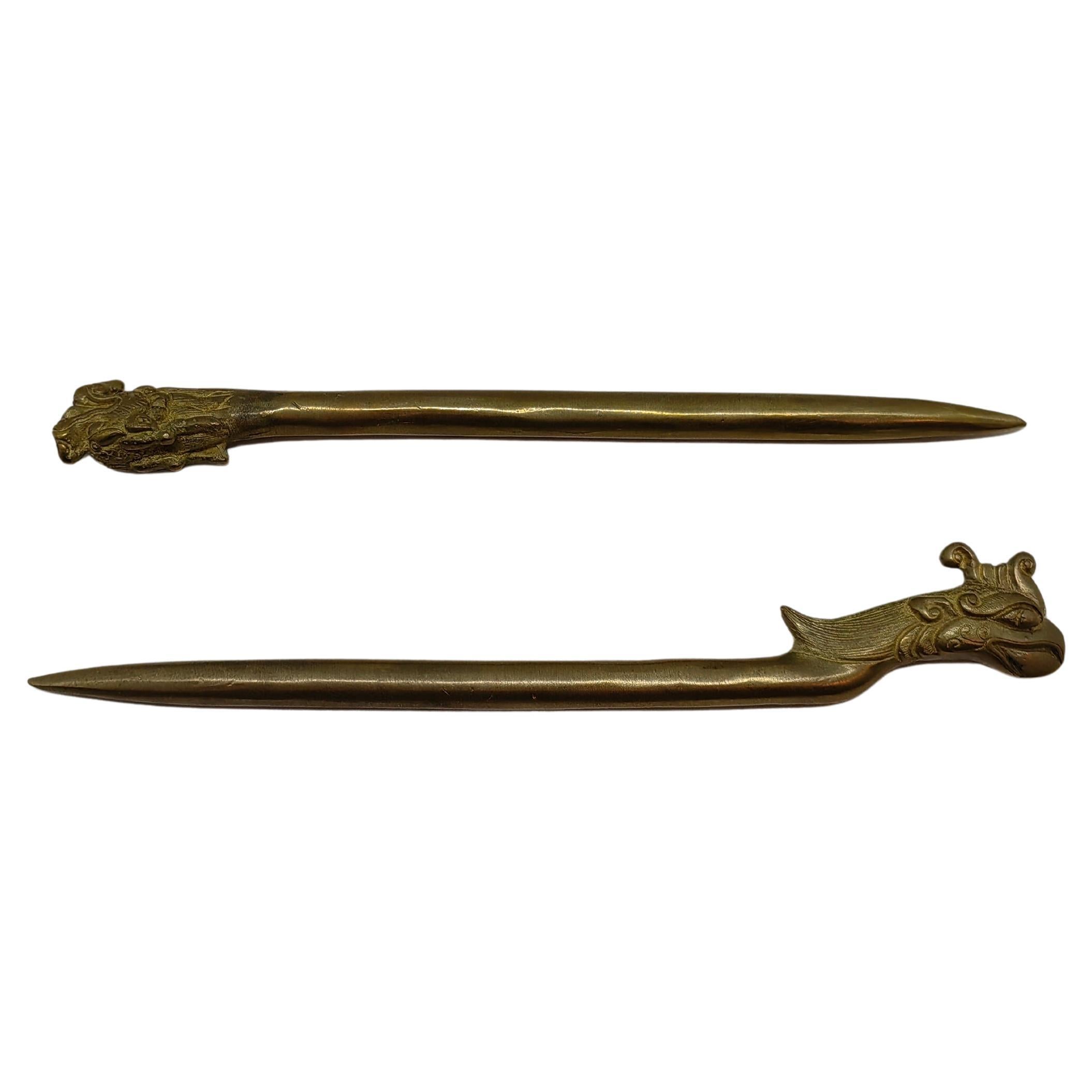 Pair of Gold Metal Dragon and Phoenix Chinese Hair Pins