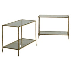 Pair of Gold Metal Side Tables With Glass Shelves, 20th Century
