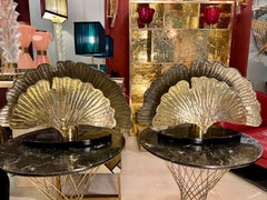 Pair of Gold Mirrored Murano Glass Table Lamps with Ginkgo Leaves, 1980s