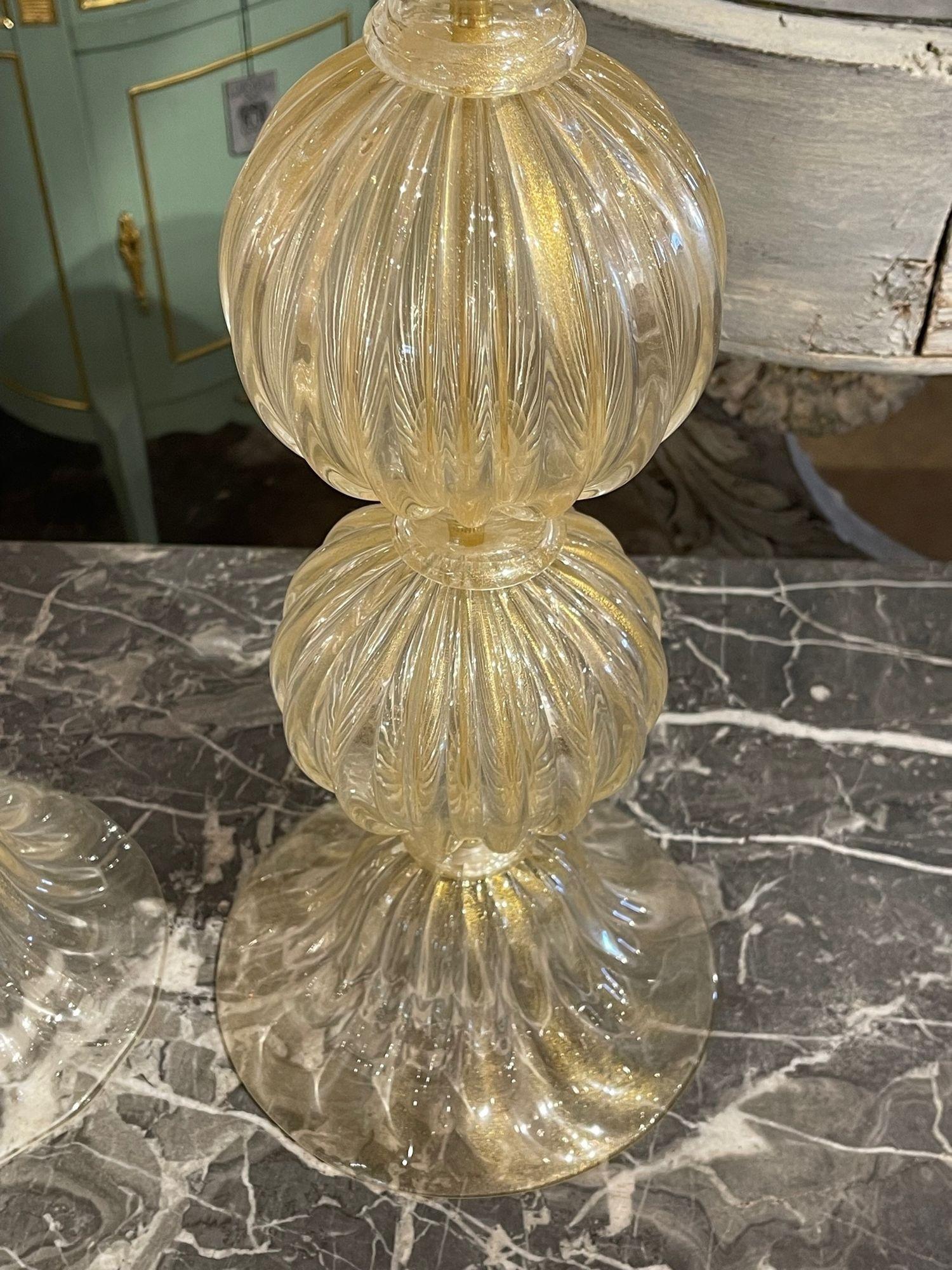 Contemporary Pair of Gold Murano Ball Form Lamps For Sale